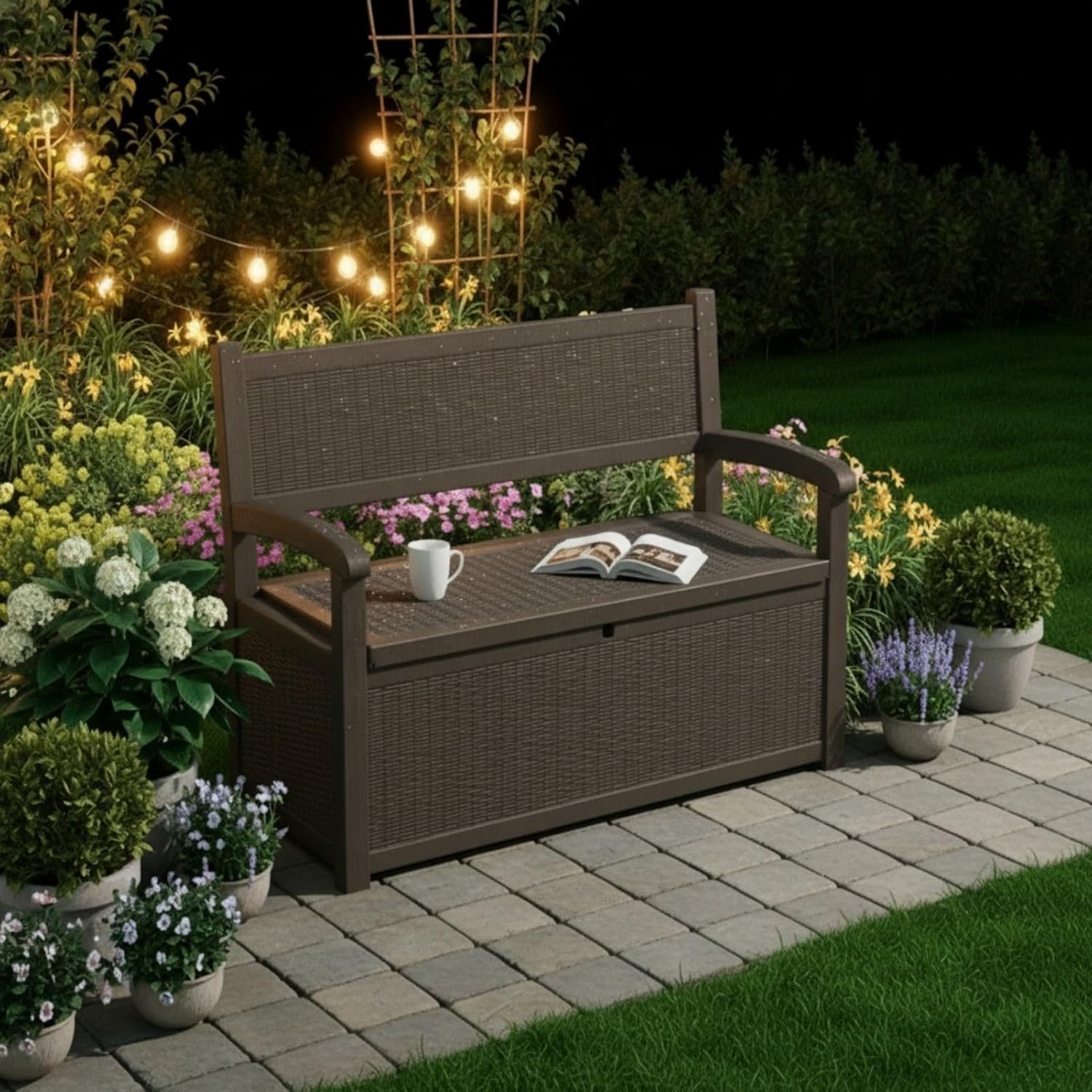 80 Gallon Outdoor Storage Bench, Waterproof Patio Deck Box with Lockable Lid for Garden & Porch, All-Weather Resin Furniture for Cushions, Tools, Pool Accessories