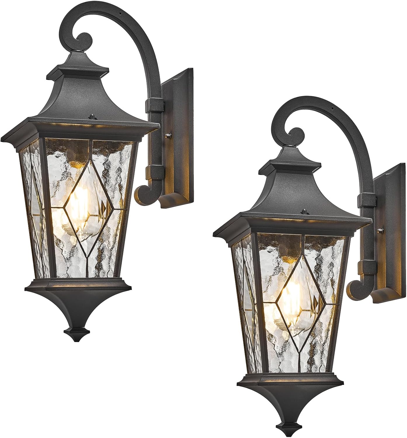 Porch Light Outdoor 14.5 Inch Black Exterior Light Fixtures 2-Pack Outside Light fixtures for House Water Reipple Handmade Solder Glass Aluminum Material and E26 Socket Downwards Installation