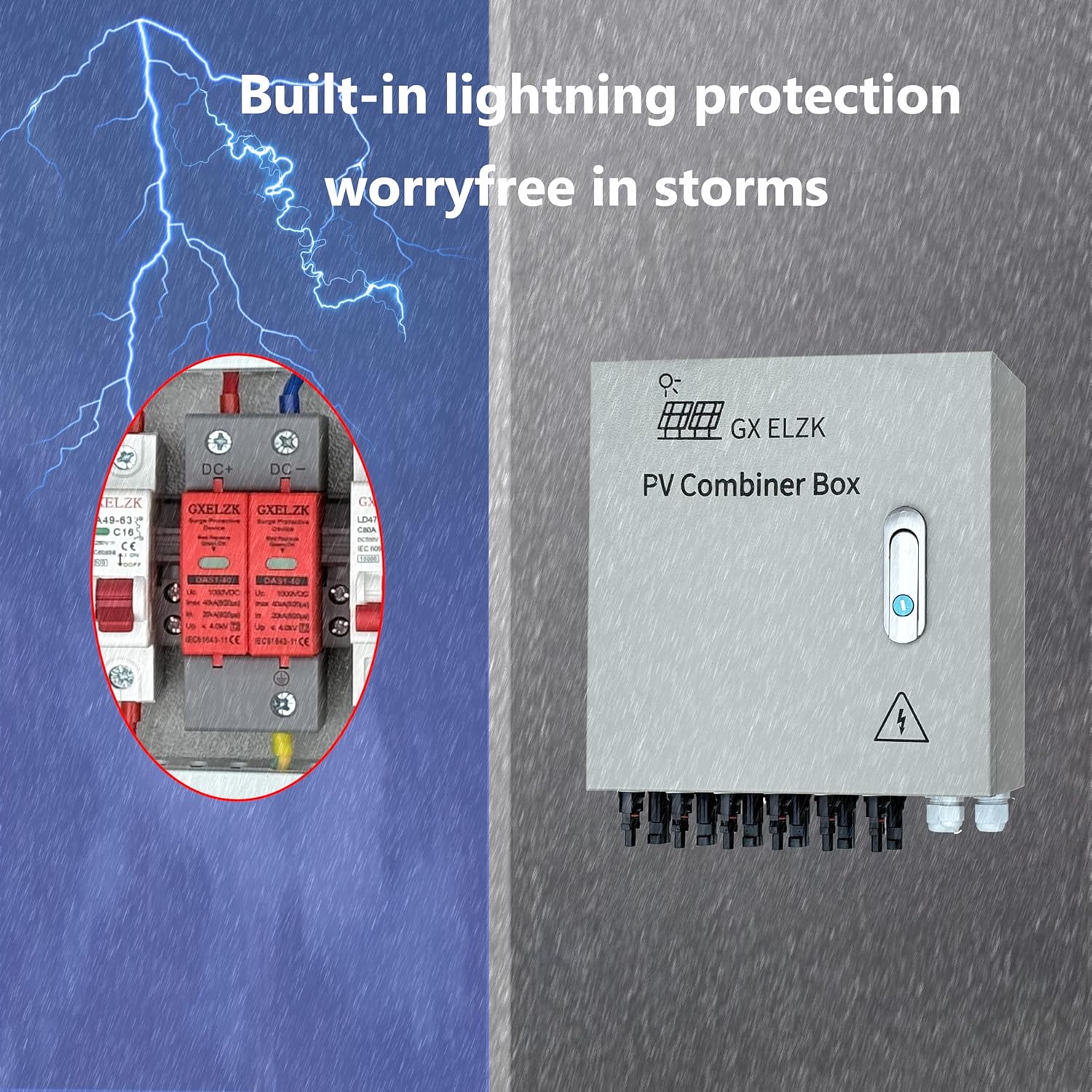 Hardcover 6 Strings Solar Combiner Box 80A DC Main Circuit Breaker with Power Surge and 16A Circuit Breaker This PV Combiner Box is Suitable for On/Off-Grid Solar Power