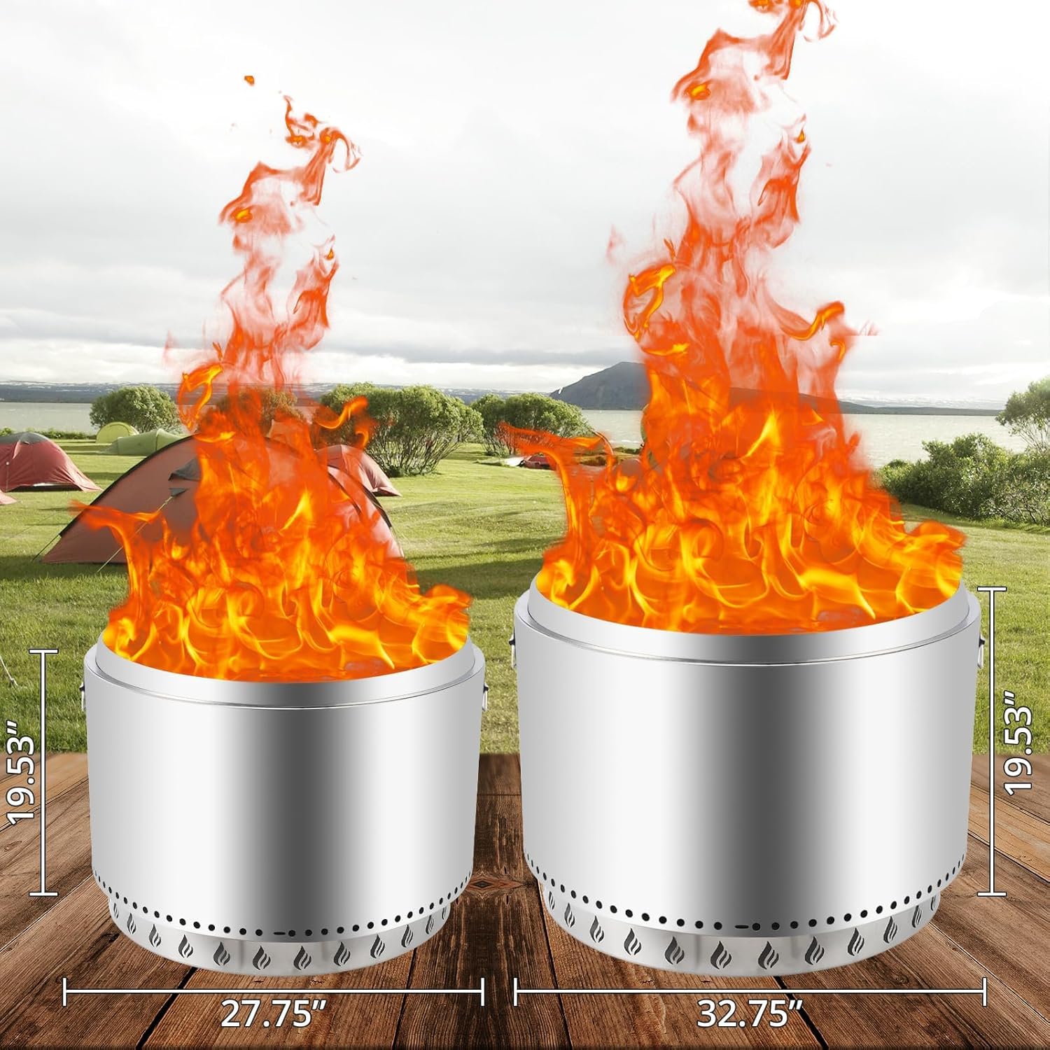 27 Inch Smokeless Fire Pit with Air Switch, Wood Burning Portable Stainless Steel Outdoor Firepit with Fixed Stand & Stove Hook, Ash Pan, for Outside Camping Backyard Patio Picnic, 360° Wide Warm