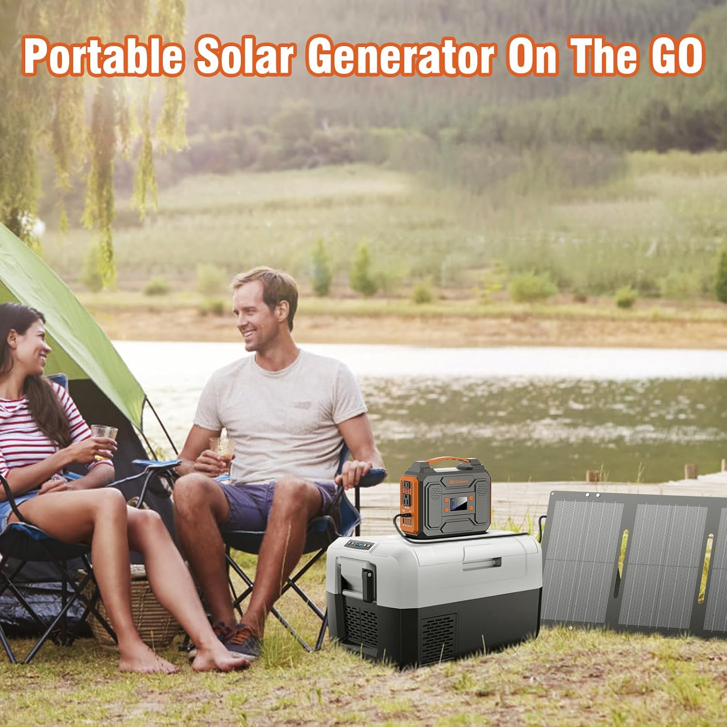 Portable Solar Generator, 300W Portable Power Station with Foldable 60W Solar Panel,110V Pure Sine Wave 280Wh Battery Power Pack with USB DC AC Outlet for Camping Smart Devices RV Van Outdoor-Orange
