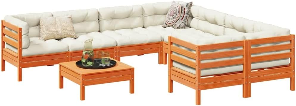 Garden Sofa Set Wax Brown Solid Pine Wood, Large Modular 9-Piece Outdoor Patio Furniture Set, Comfortable Seating for 9 People