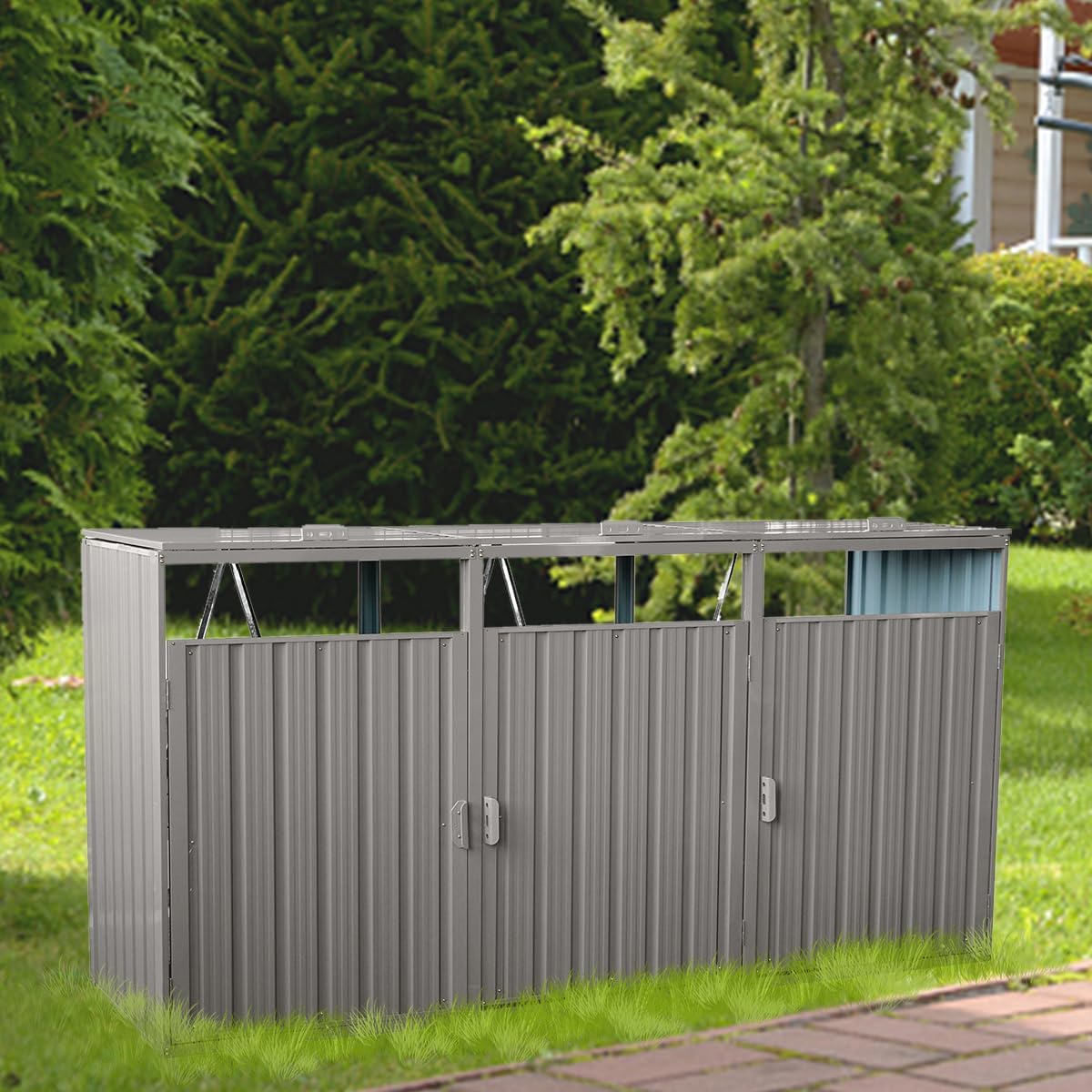 Outdoor Garbage Bin Shed, Metal Trash Bin and Recycling Storage Sheds for 3 Trash Cans, Waterproof Garbage Storage House for Garden Patio Yard Lawn, Gray