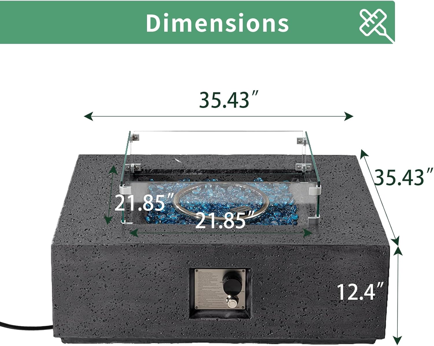 SUNBURY Outdoor Travertine Fire Pit Table, Burning Fire Pit, 35 inch Square Patio Fire Table 50,000 BTU FirePit for Outside with Waterproof Cover and Glass Stones, Light Gray