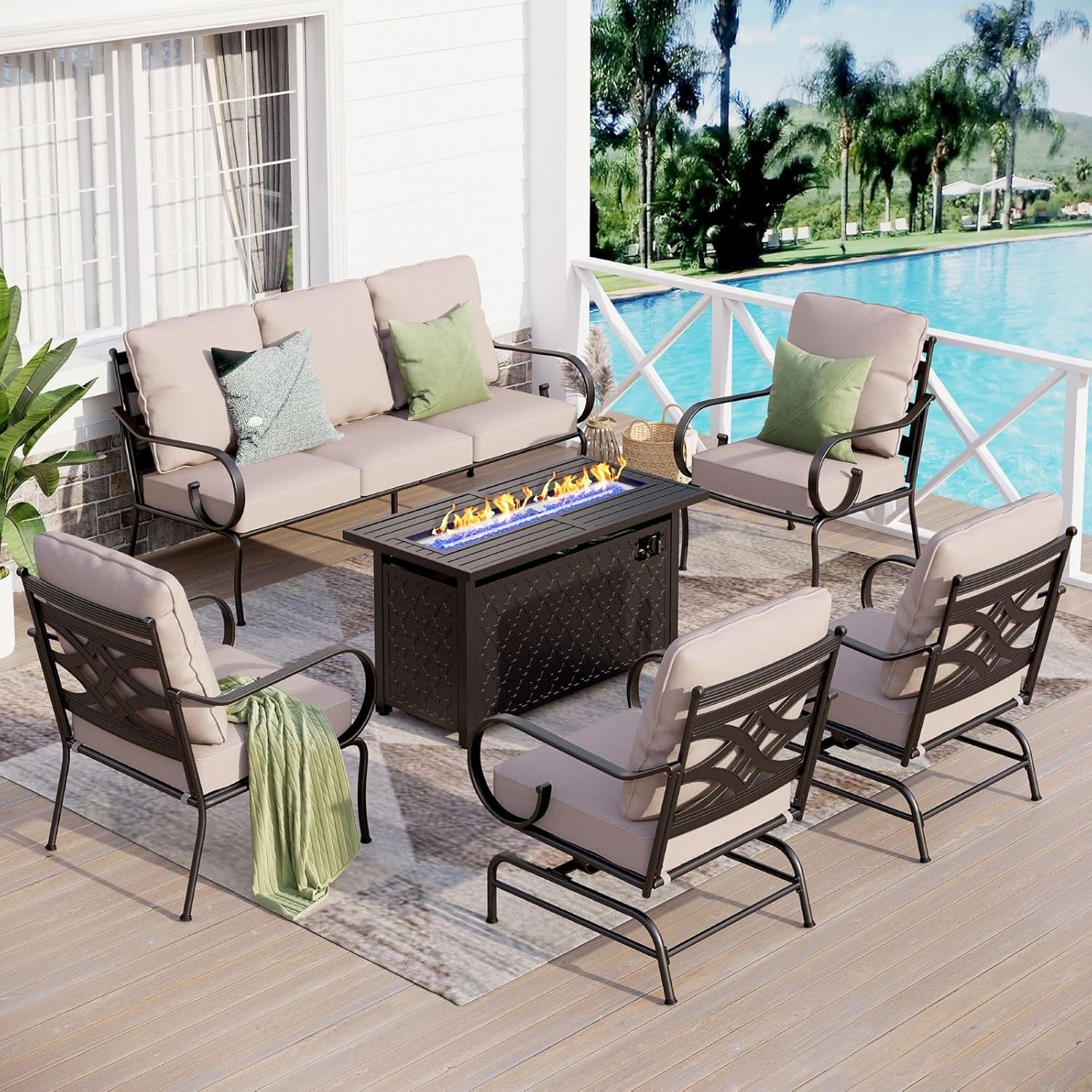Sophia & William 6 Piece Patio Furniture Set with Fire Pit, Outdoor Conversation Sets 7 Seat Clearance with 45