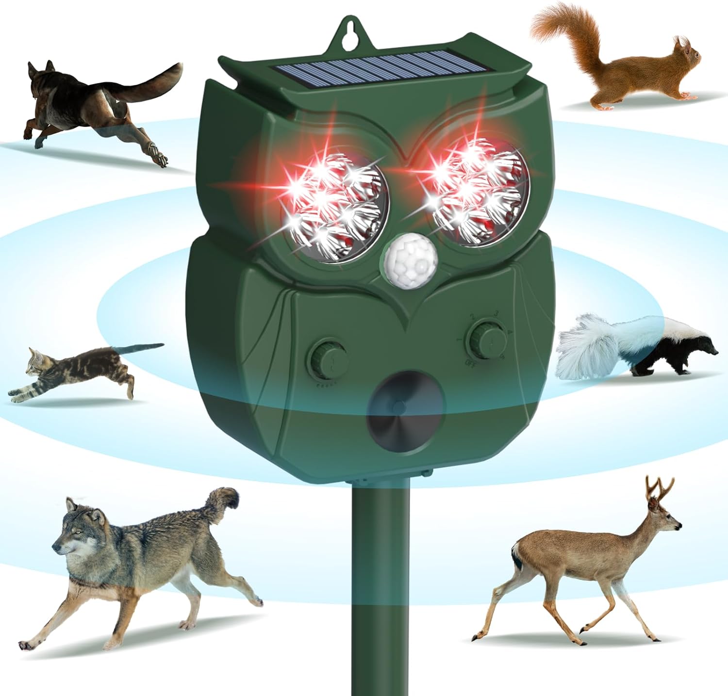 Animal Repeller, Electronics Raccoon Repellent Ultrasonic, Waterproof Motion Detection LED Flash Light, Solar Animal Repellent Ultrasonic Outdoor for Dogs Fox Rabbit Squirrels Coyote Cat Deterrent