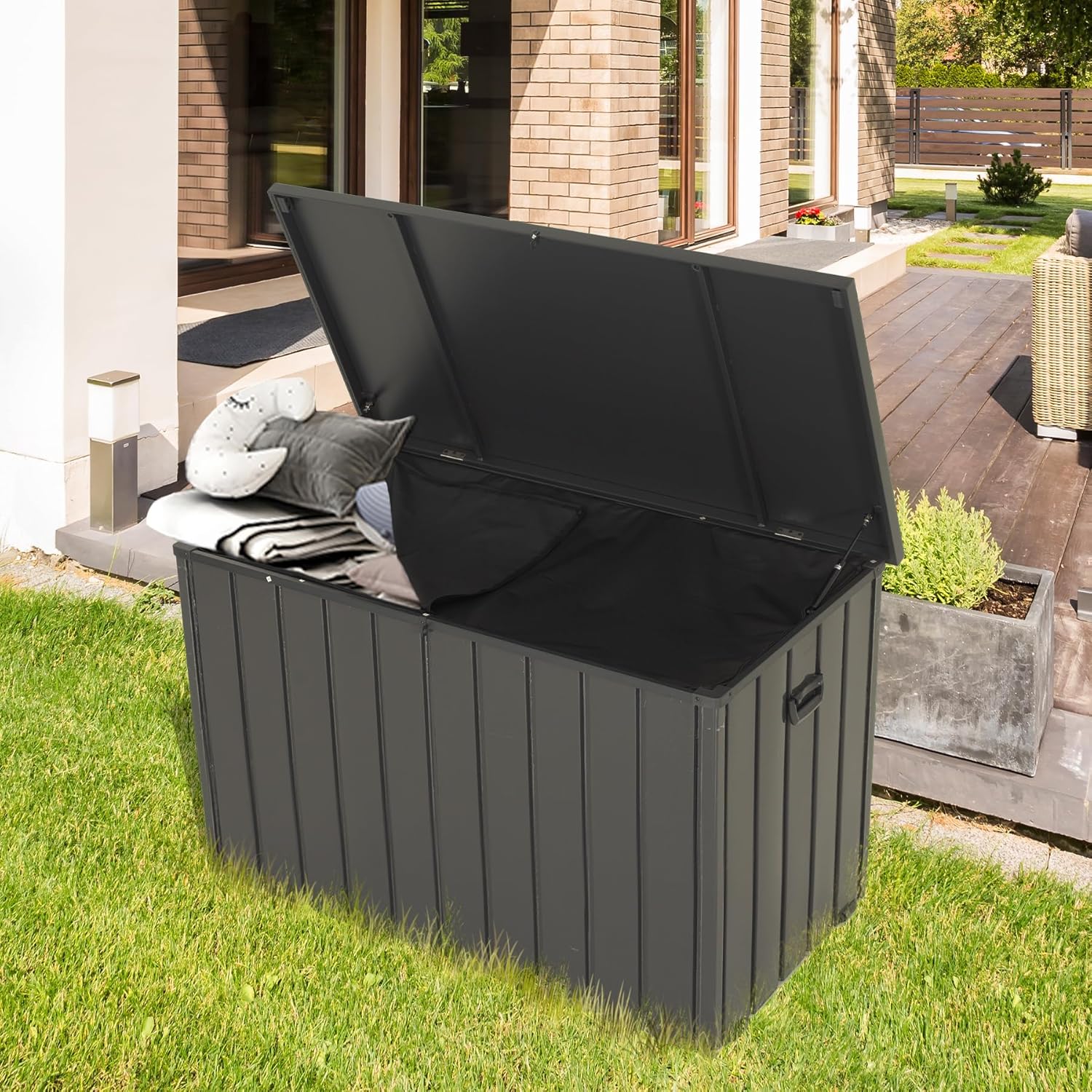 Outdoor Storage Box, 200 Gallon Metal Deck Box Built-in a Oxford Fabric Storage Bag, Lockable & Waterproof Outside Patio Storage Box - Gray