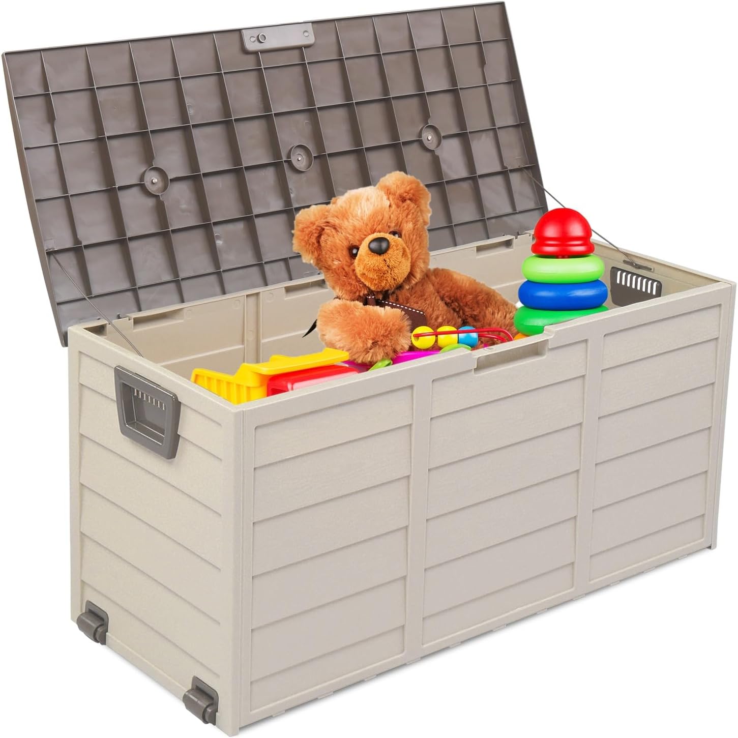 75-Gallon Outdoor Storage Bench with Wheels, Heavy-Duty Waterproof Deck Box for Patio, Garden, and Pool Organization (Brown lid + beige box)