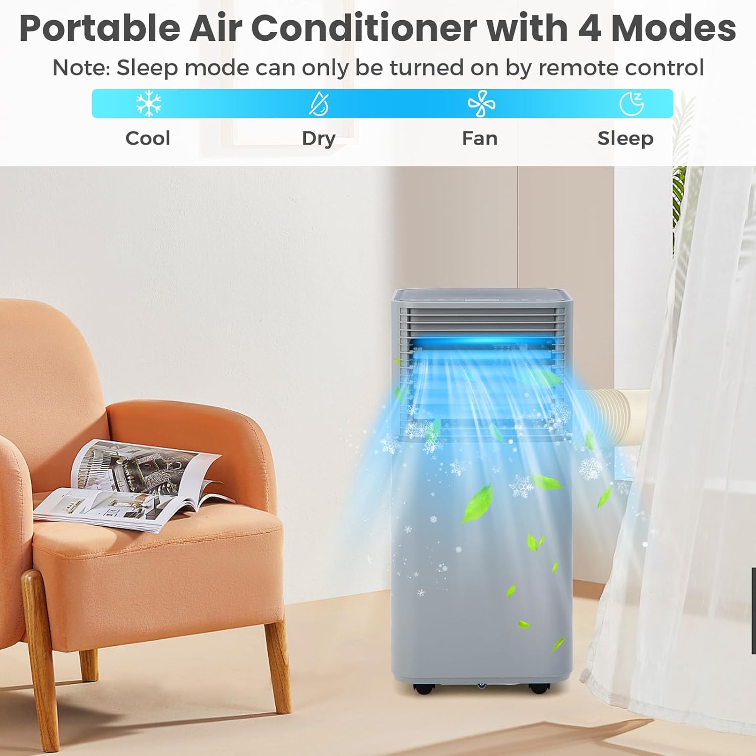 KOTEK Portable Air Conditioners, Air Conditioner for Rooms up to 230 Sq Ft, Ac Unit with Remote Control, 2 Speeds, 4 Modes, 24H Timer & Window Installation Kit for Home/Office/Dorms (Grey, 8000 BTU)