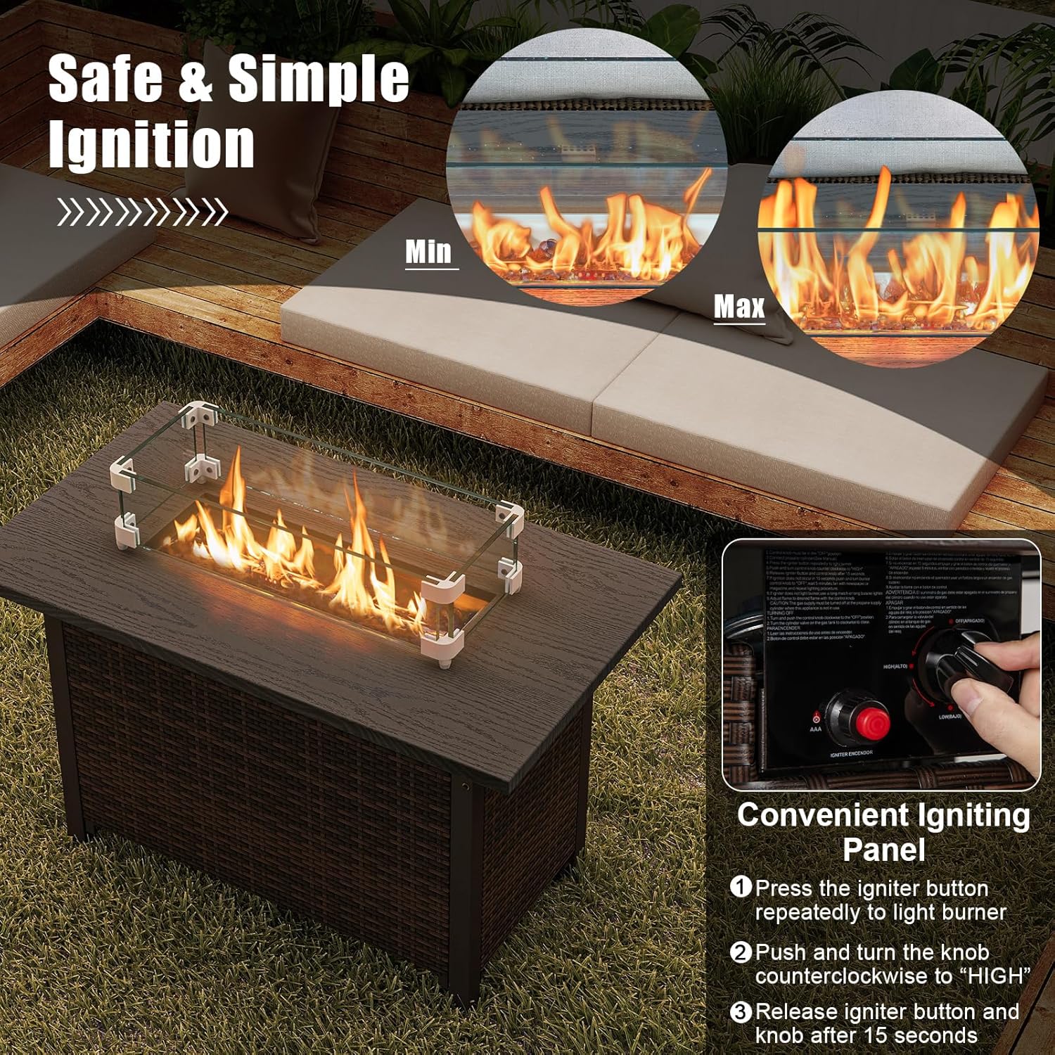 Tangkula Outdoor Propane Fire Pit Table, 42 Inch Rectangular Rattan Fire Table with Wind Guard & Glass Rocks, 50,000 BTU Smokeless Gas Fire Pit for Outside Patio (Brown)