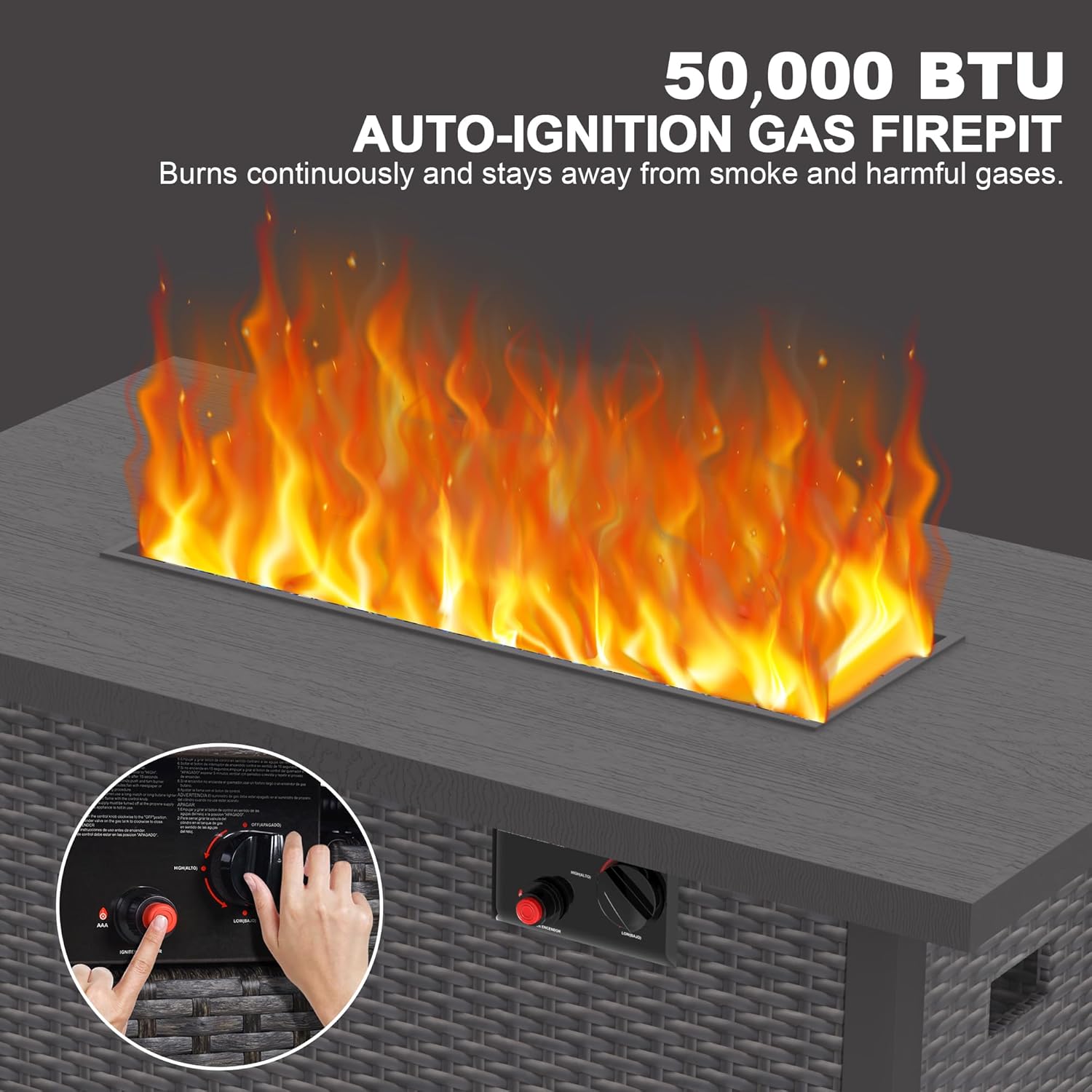 42” Fire Pit Table 50,000 BTU Propane Pit Metal Tabletop Auto-Ignition Gas Fire Pit for Outside Outdoor Rattan Rectangular Fire Pit Garden Patio