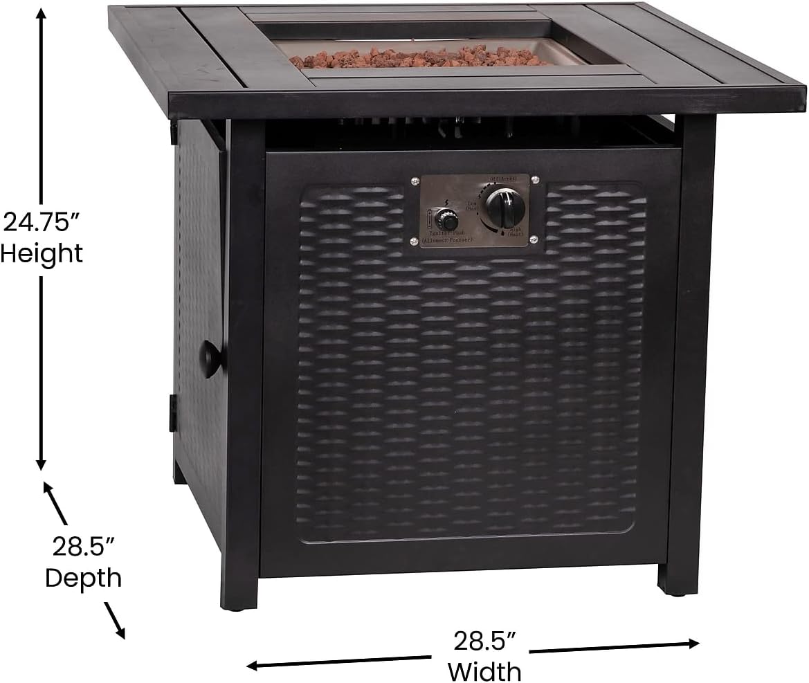 Flash Furniture Olympia 50,000 BTU Outdoor Propane Gas Fire Pit Table - Black Stainless Steel Tabletop and Steel Wicker Detail Base - 28