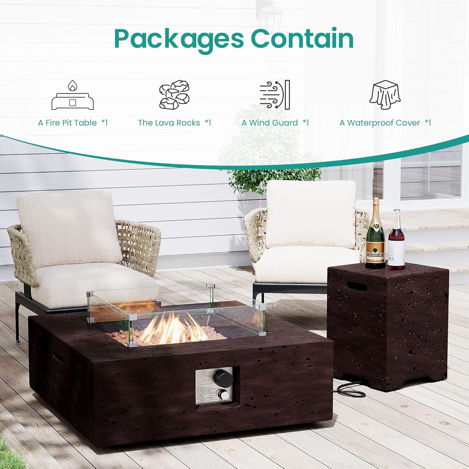 SUNBURY 35 in Square Outdoor Fire Pit, Propane Gas Patio Fire Table, 50000 BTU Firepit Table with Lava Rocks, Wind Guard, Propane Tank Cover, Waterproof Cover (Dark Brown)