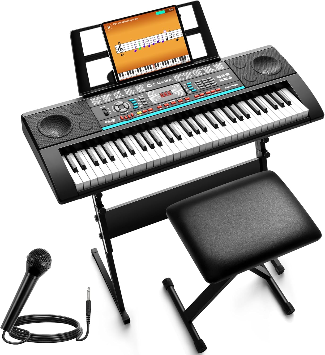 CAHAYA 61 Key Keyboard Piano – Electric Piano Set for Beginners with Stand & Stool, Microphone, Built-In Speakers, 128 Sounds & 128 Rhythms, Portable Electronic Keyboard Xmas Gift