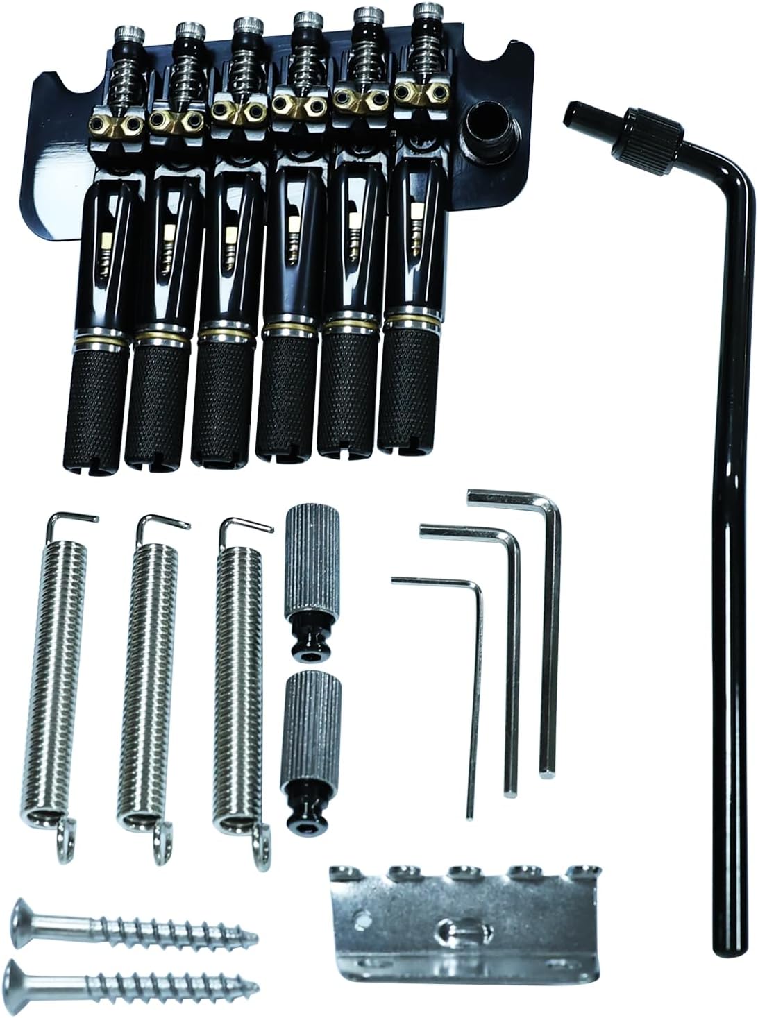 10.5mm Headless Electric Guitar Bridge Brass Block Saddle Hardened Steel Plate 2 point tremolo bridge for Fanned-fret 6 String Headless Electric Guitar Replacement parts （All Black）