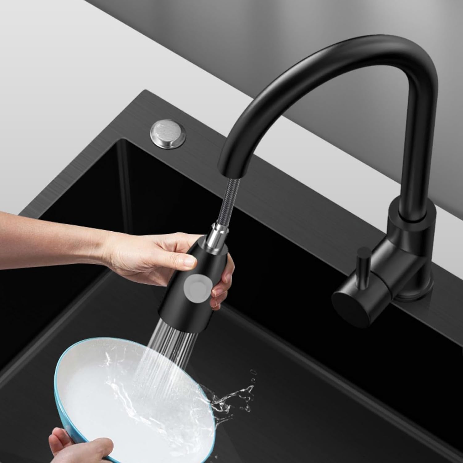 Kitchen Sink Single Bowl Sink Workstation Kitchen Sink with Pull-Out Faucet, Soap Dispenser, Telescopic Basket and Other Accessories (Black 68x45 (Black 75x45x20cm)