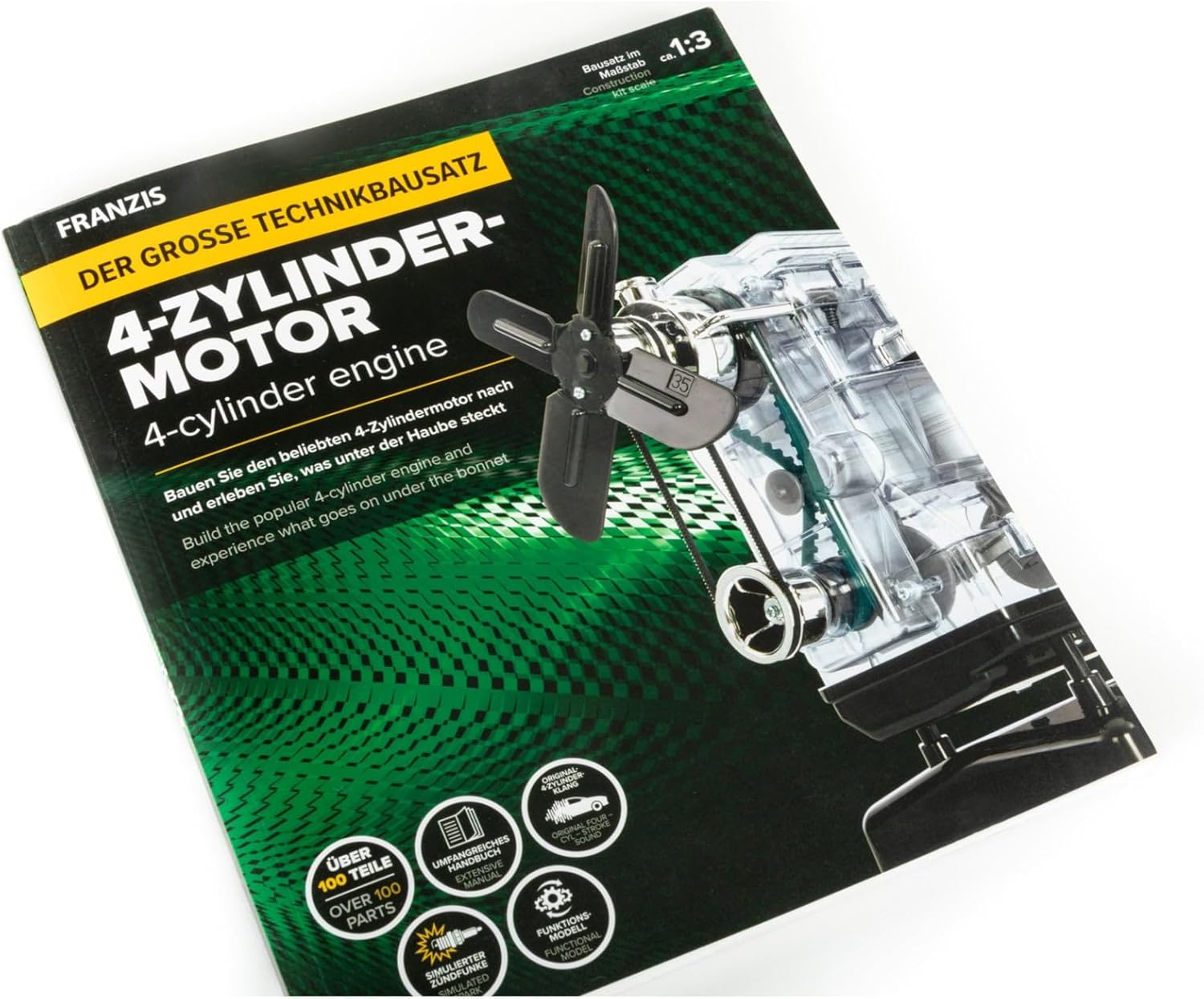 FRANZIS 67175 – The Large Technical kit 4-Cylinder Engine, Model kit in Scale 1:3, 100 Components for plugging and screwing, Including Sound Module, Instructions and accompanying Book