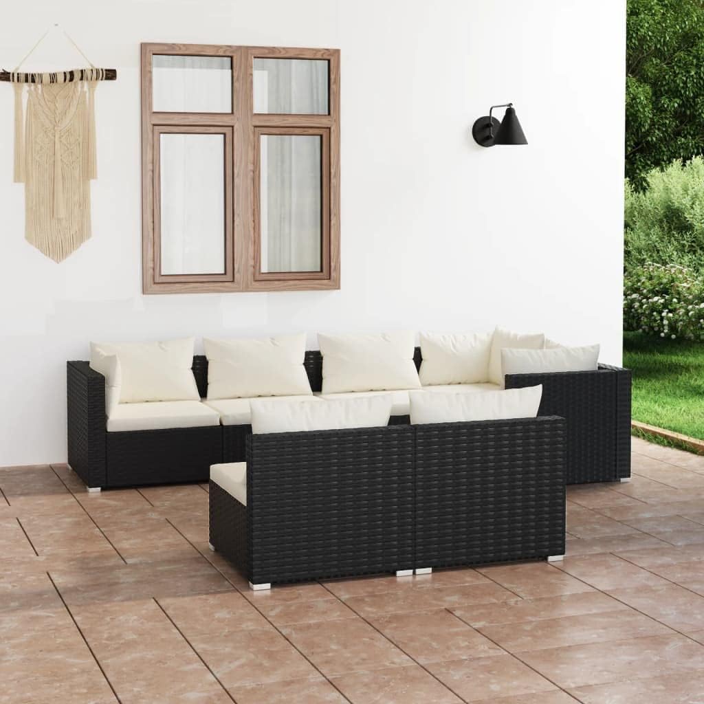 7 Piece Patio Lounge Set with Cushions Black Poly Rattan,Premium Poly Rattan Lounge Set: WaterResistant and Modular for Ultimate Outdoor Comfort Patio Furniture, Outdoor Furniture Sets