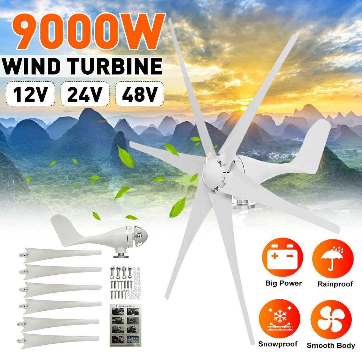 9000W 12V/24V/48V 6 Blades Nylon Fiber Wind Turbines Generator Horizontal Wind Generator Windmill Energy Turbines Charge for HOM