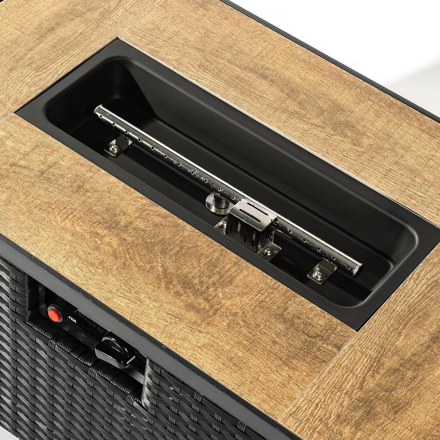 Penau Rattan Fire Pit Table with Propane Tank Holder, Ceramic Tile Top, Rectangular Design for Outdoor Spaces