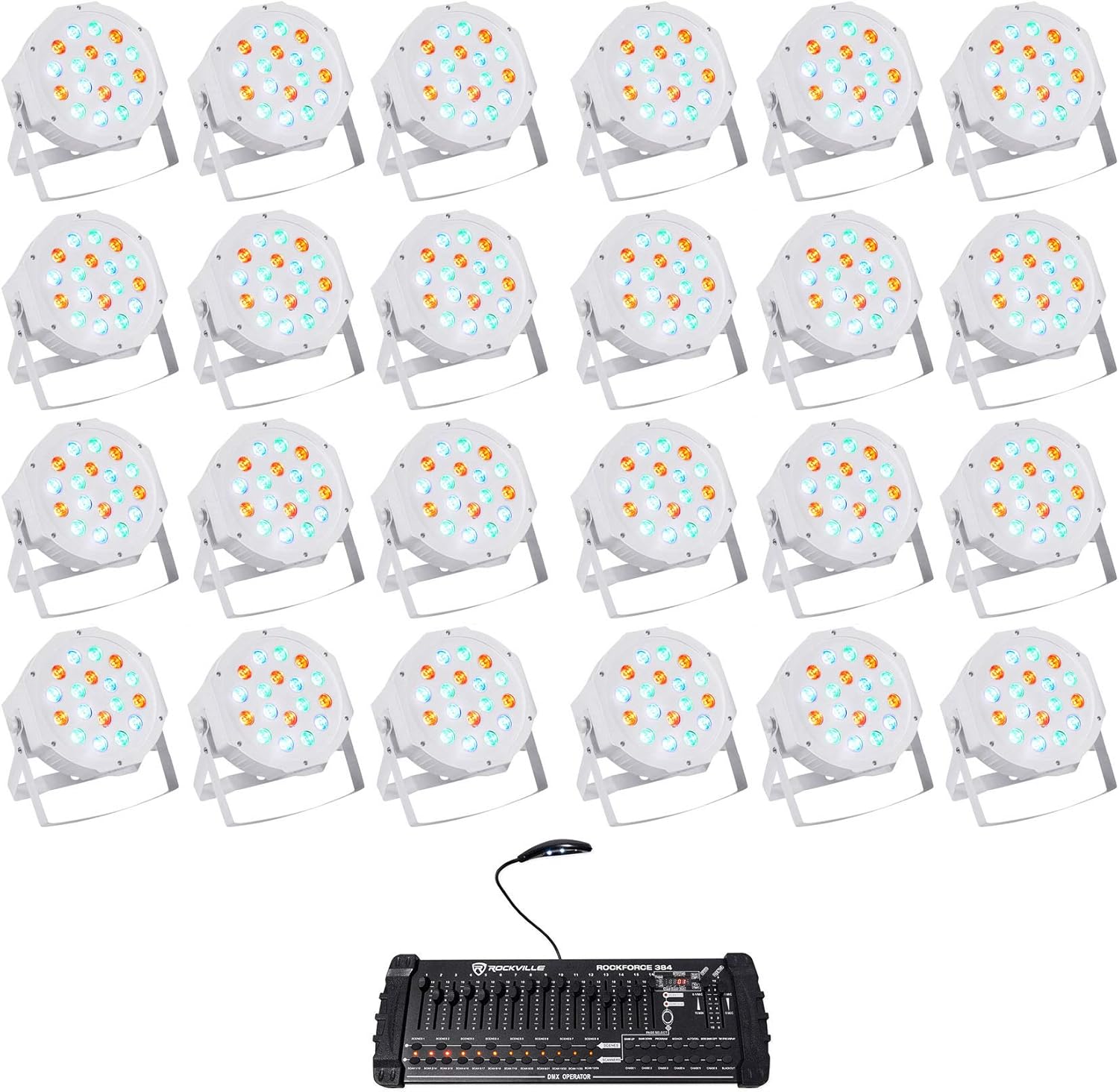 Rockville RockPAR50 WHT Bundle: (24) LED RGB Compact Par Can DJ Club Stage DMX Uplights, ROCKFORCE 384 Channel Light Fog DMX Controller, MIDI, 25-Items