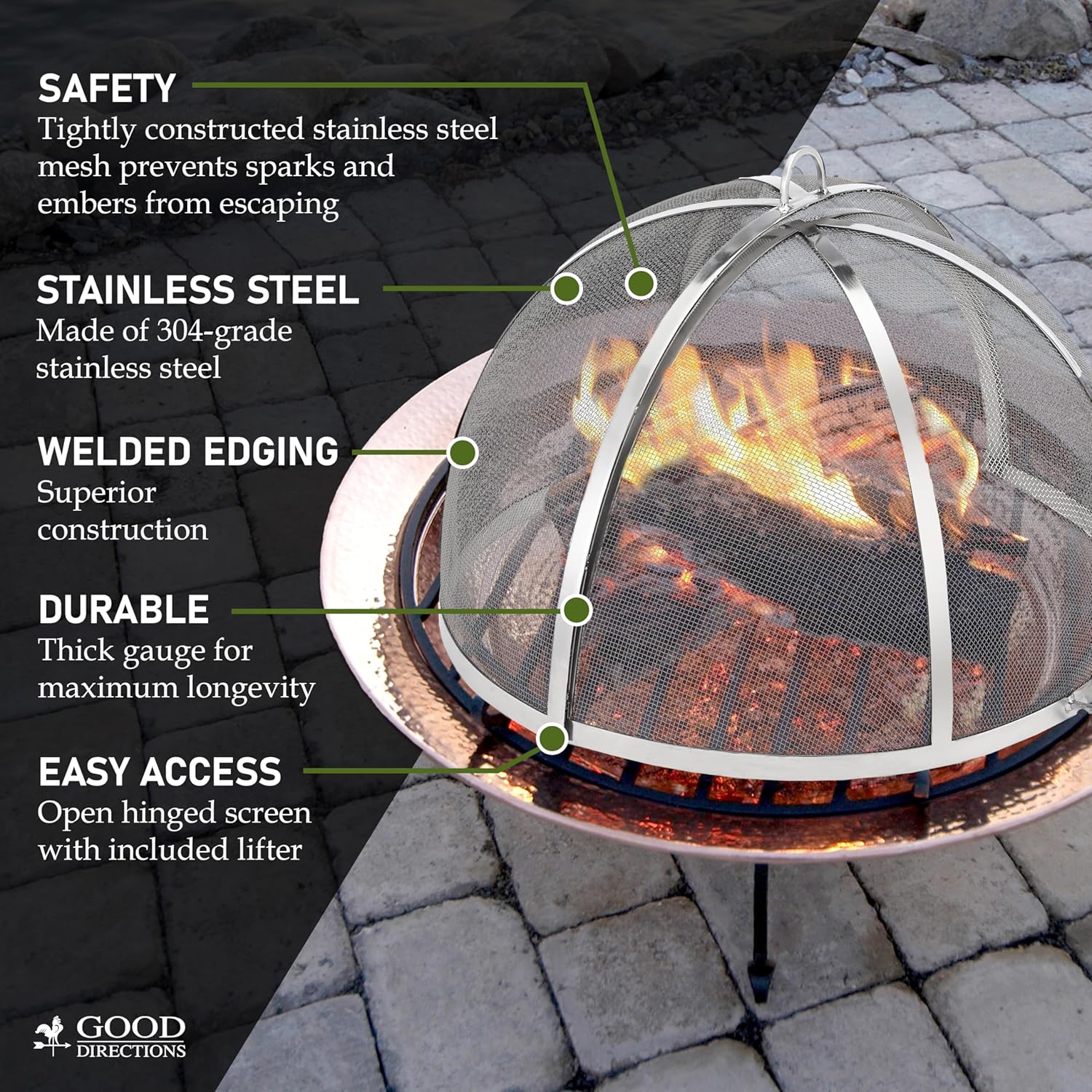 Good Directions Heavy Duty Fire Pit Spark Screen with Lifter, Stainless Steel, Hinged for Easy Access, 29 Inch Diameter