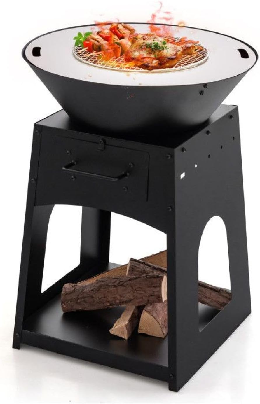 Outdoor Fire Pit with Grill and Log Rack, 24