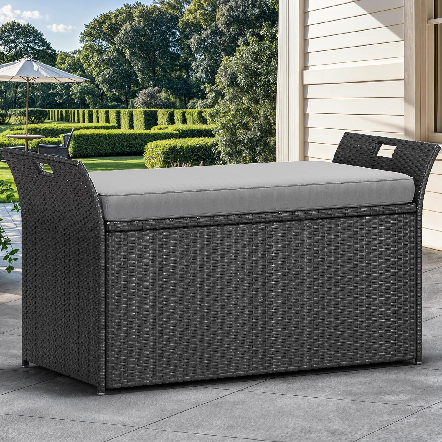 YITAHOME 90 Gallon Outdoor Wicker Storage Bench w/Cushion, Large PE Rattan Deck Storage Box w/Handles & Hydraulics for Patio Furniture, Cushions, Garden Tools, Pool & Sports Equipment, Black &Grey