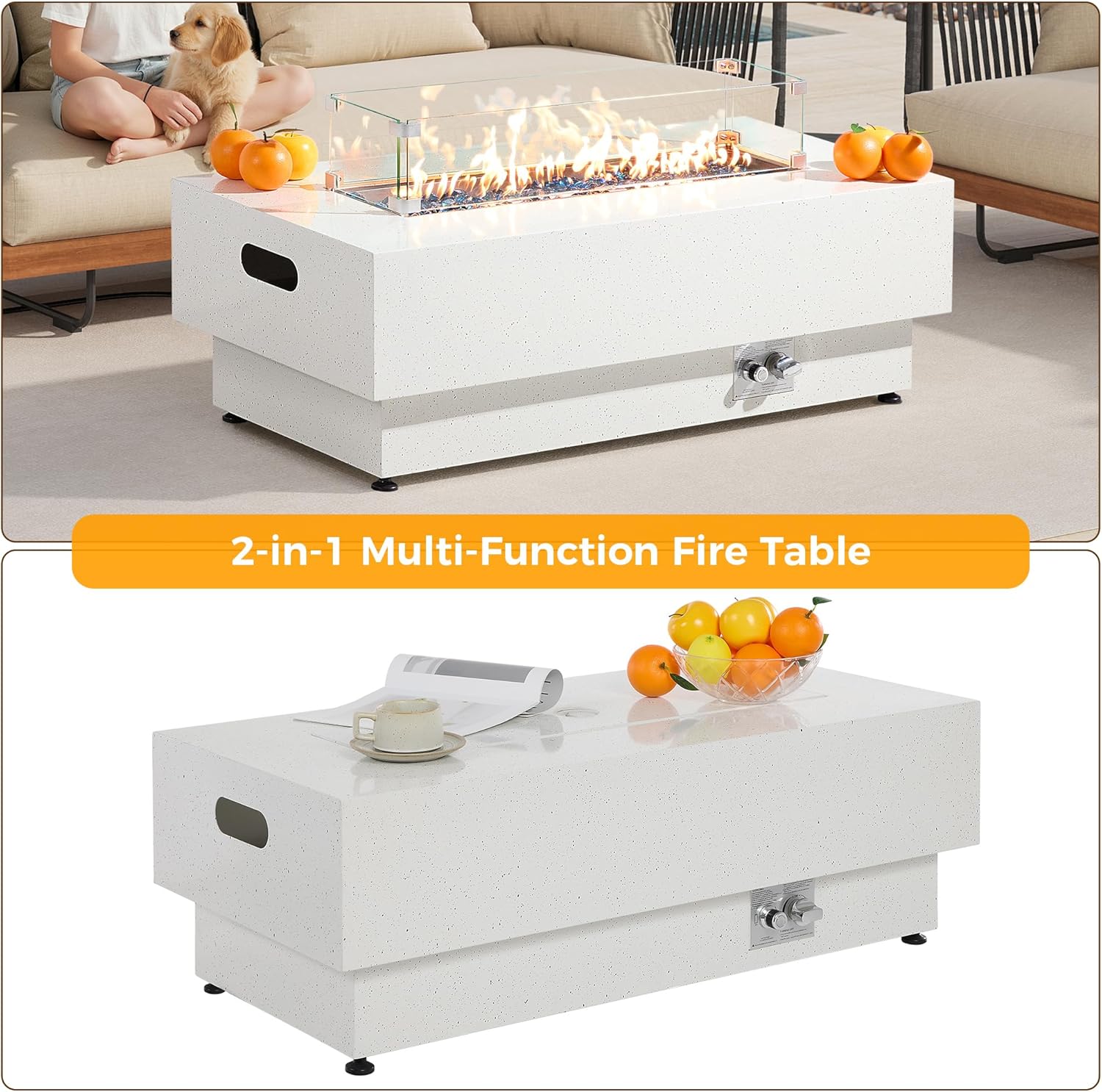 IRONCK 43-inch Outdoor Propane Fire Pit Table w Tank Table, CSA Certified, 2 in 1 Rectangular Patio Fire Pit w Glass Rocks, Wind Guard and Cover, 50000 BTU Outdoor Heater for Garden, Pool, White