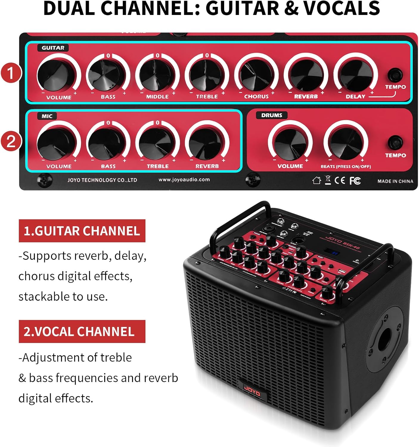 JOYO 40 Watt Acoustic Combo Amplifier Rechargeable Guitar & Vocal Two Channels Guitar Amp with Drum Machine Reverb Chorus Delay Effects and Bluetooth XLR & Aux-in (BSK-40 Black)