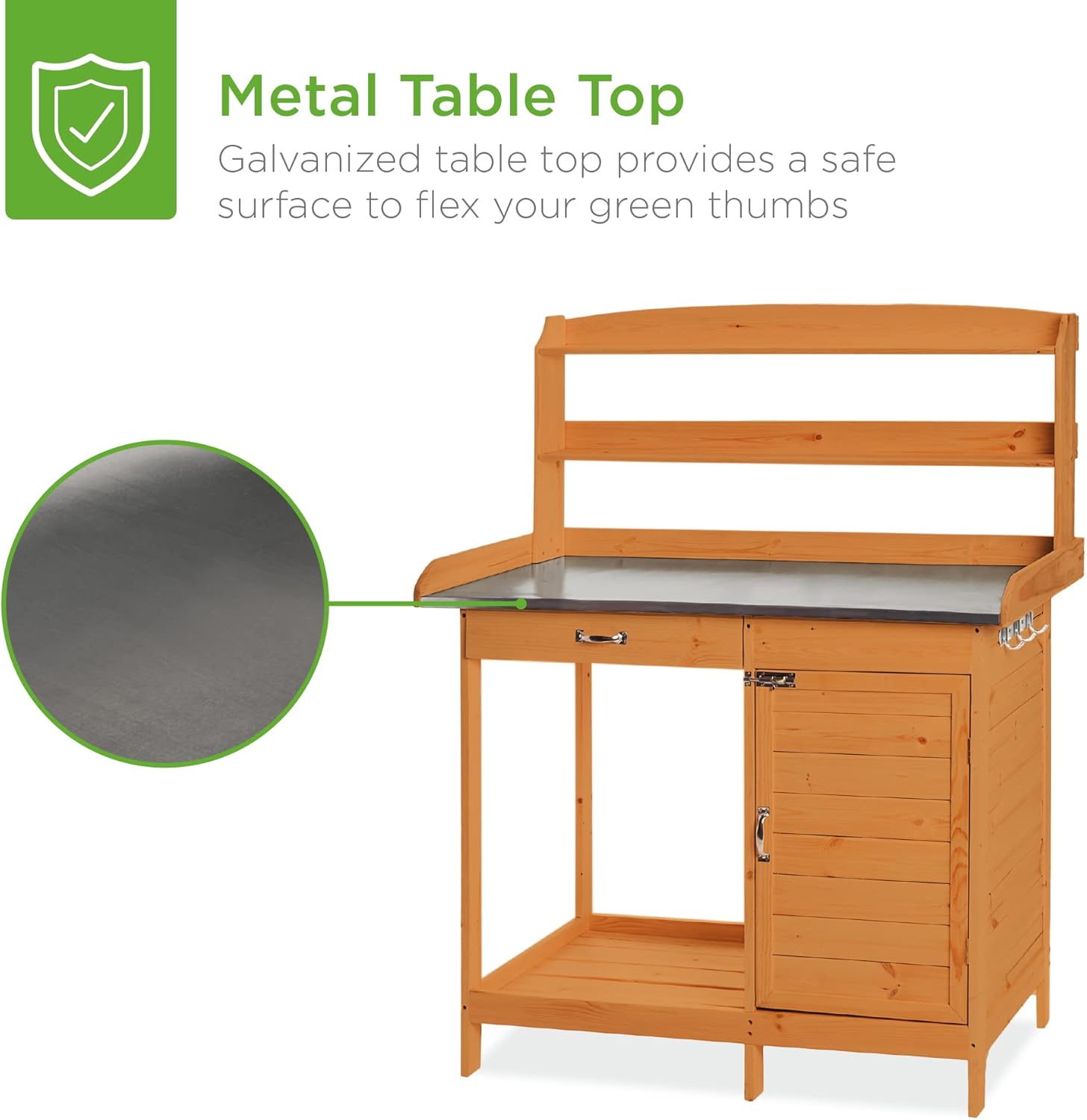 Best Choice Products Outdoor Garden Wooden Potting Bench Work Station w/Metal Table Top, Pre-Stained Finish, Cabinet, Sliding Drawer, Large Bottom Shelf - Brown