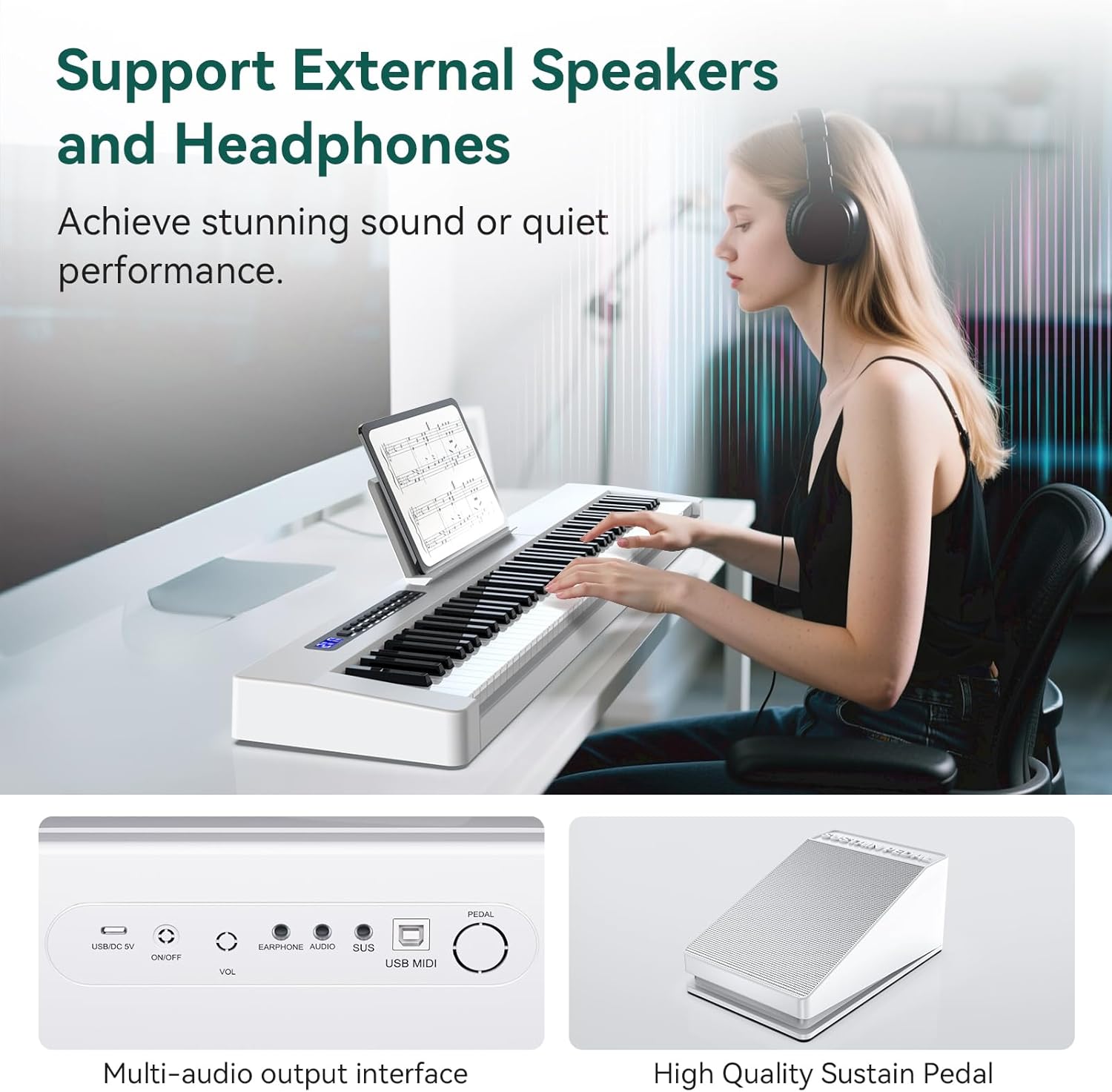 Rosen P21 Semi-Weighted Keyboard 88 Keys Beginner Digital Piano, Portable Electric Piano with Sustain Pedal and Power Supply,White