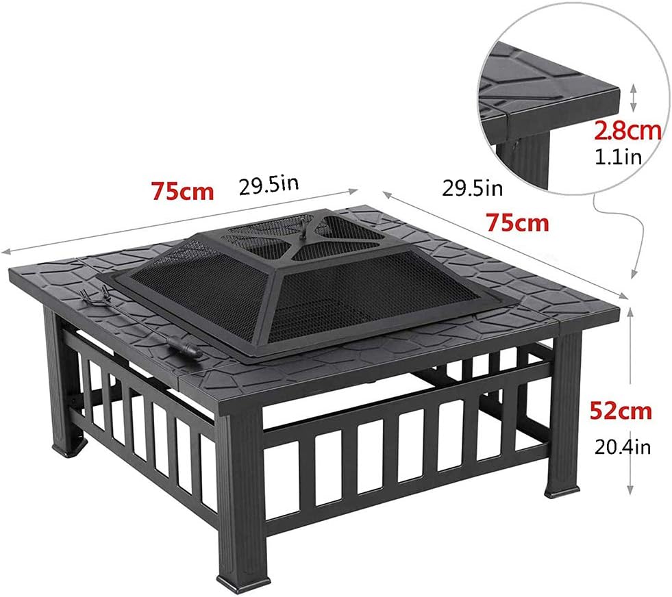 Square BBQ Firebowl,with Spark Screen Poker Waterproof Cover Fire Pit,30 Inch Wood Burning Firepits