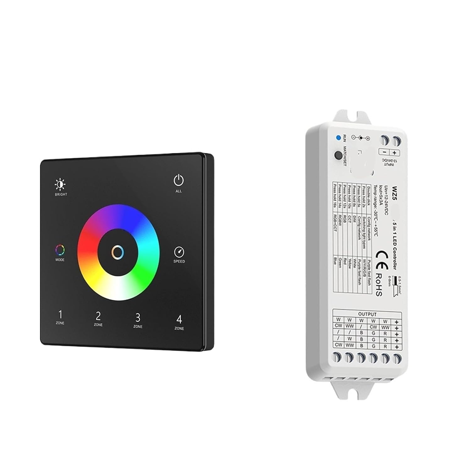 5 in 1 LED Controller 4 Zone Wall Mount Touch Screen 12V 24V Dimmer(TW5-4 and WZ5 KIT)