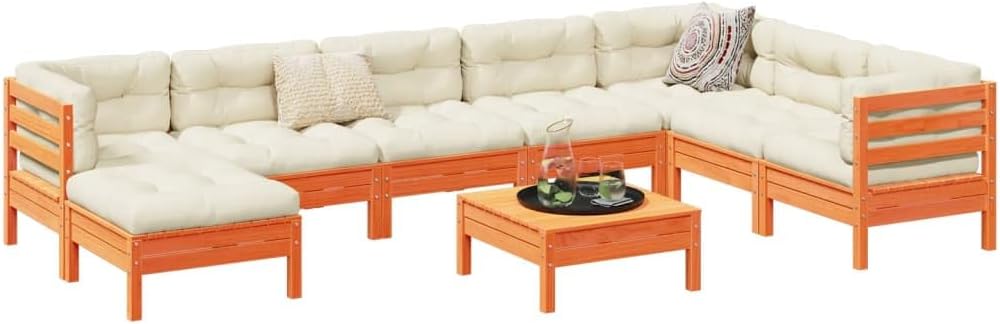 9 Piece Patio Sofa Set with Cushions Wax Brown Solid Wood Pine, Patio Furniture Sets, Outdoor Furniture