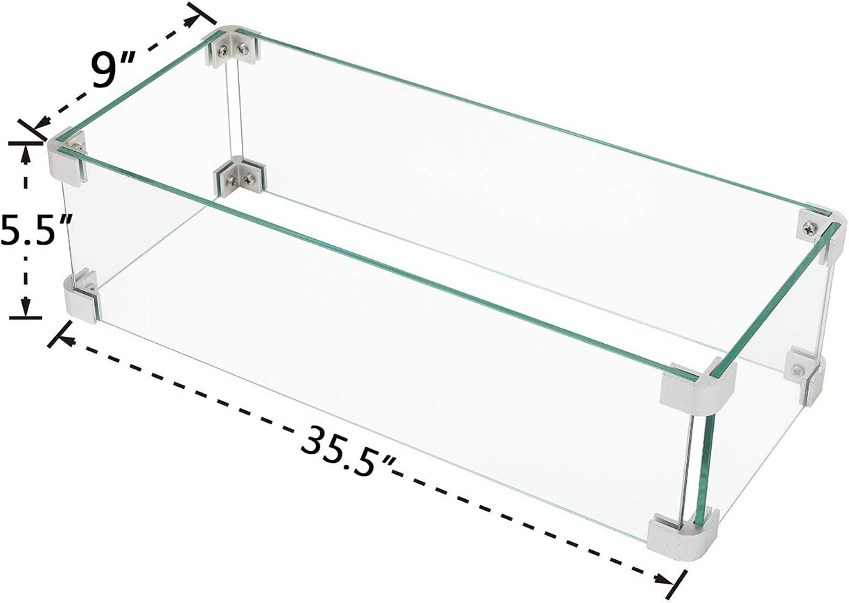 HOMPUS Rectangle Glass Wind Guard, 35.5x9x5.5 inches Tempered Glass for Outdoor Fire Table
