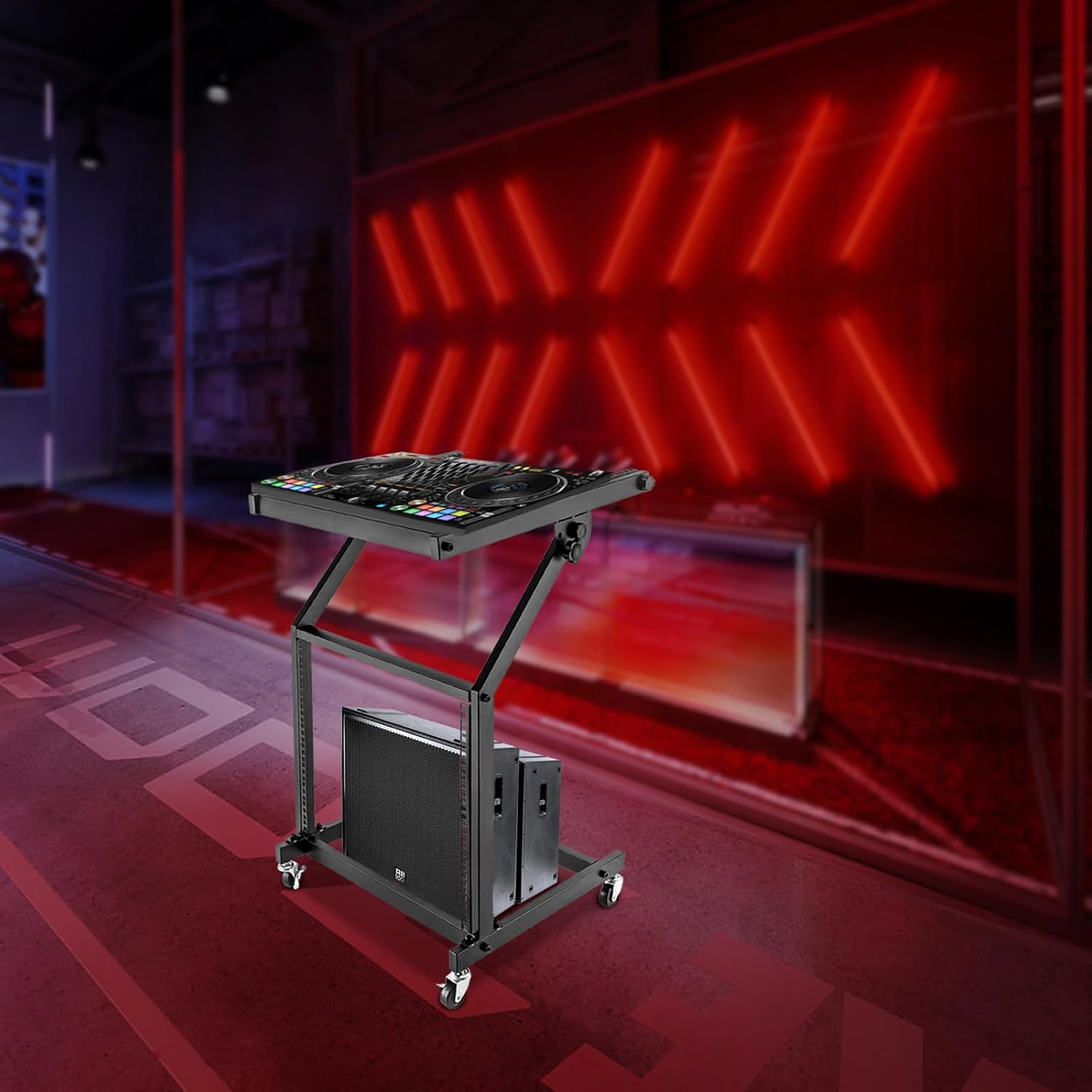 9U Black Rolling Rack-Mount Mixer Case Stand, Studio/DJ Equipment Cart with 4 Locking Wheels, Heavy-Duty Steel Frame, Perfect for Stage Amps, Mixers, Studio Gear, Home or Office Use