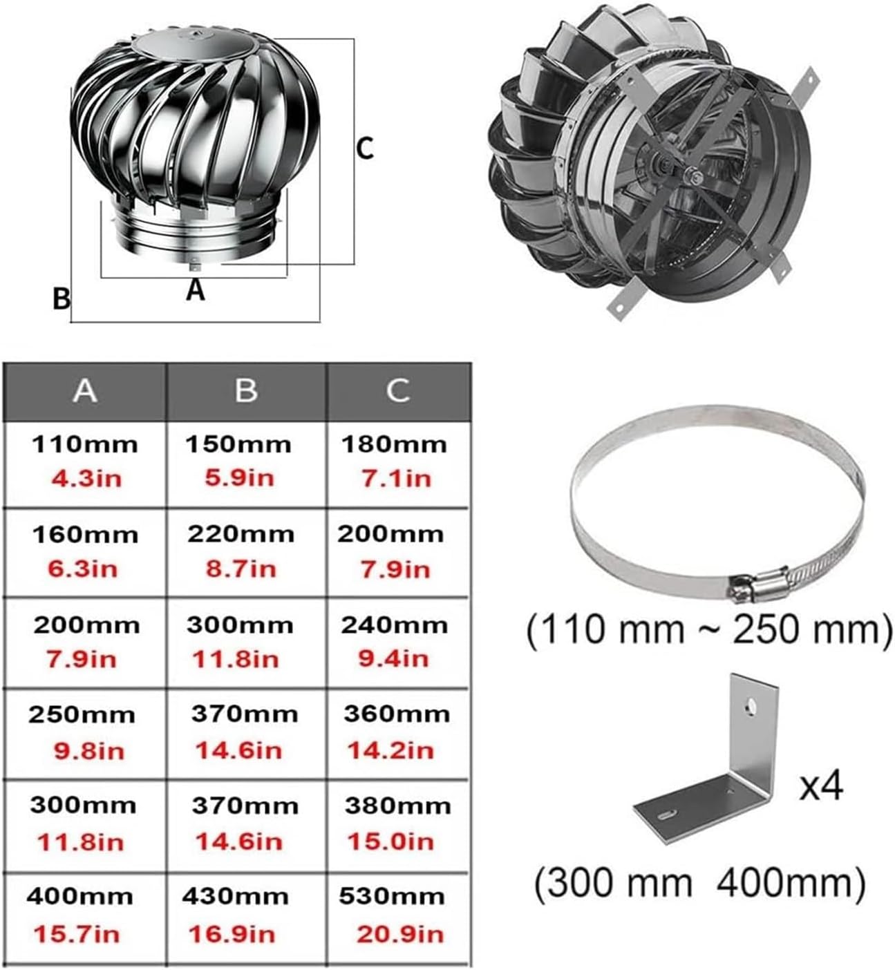 Roof Wind,Stainless Steel Turbine ntilator NTS Non Power Roof ntilator, Air nt ntilating Fan, All Purpose Chimney Cowl Rotating Roof NTS, for Houses Factory Attic Farm 1Pcs
