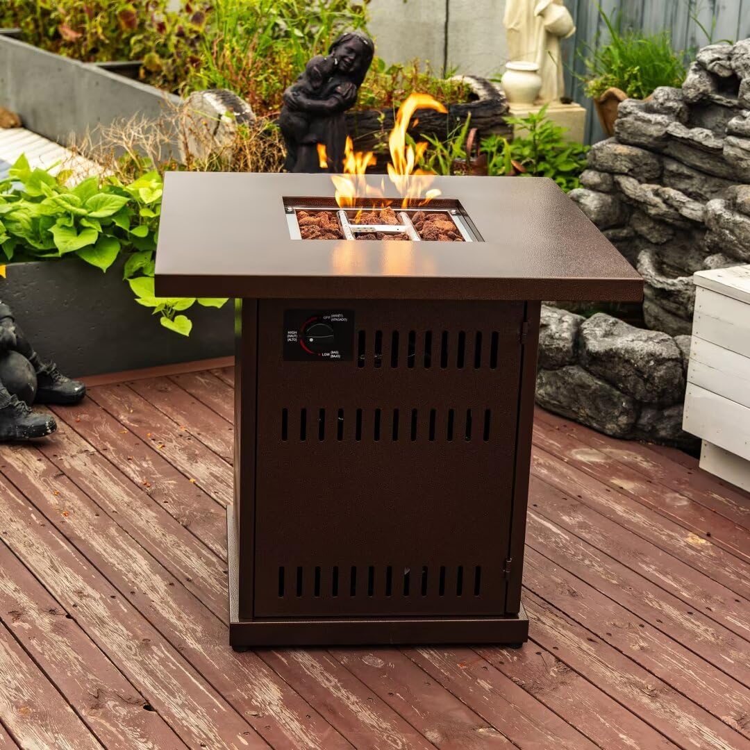 28'' Propane Square Fire Pit Table, 50,000 BTU Steel Gas FirePit for Outdoor, Outside Patio Deck and Garden, Propane Fire Table with Magnetic Lid, Cover-Storage Basket and Lava Rock, Black