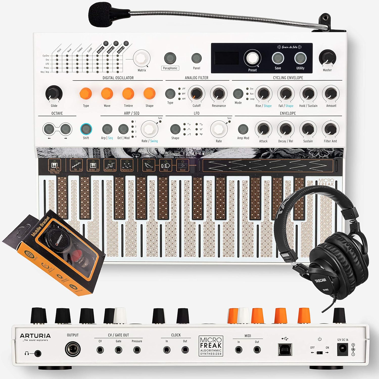 Arturia MicroFreak Vocoder Edition Hybrid Synthesizer 25-key Paraphonic Hybrid Hardware Synth and Vocoder with Poly-aftertouch Flat Keyboard and Gravity Phone Holder and Pro Headphone Bundle