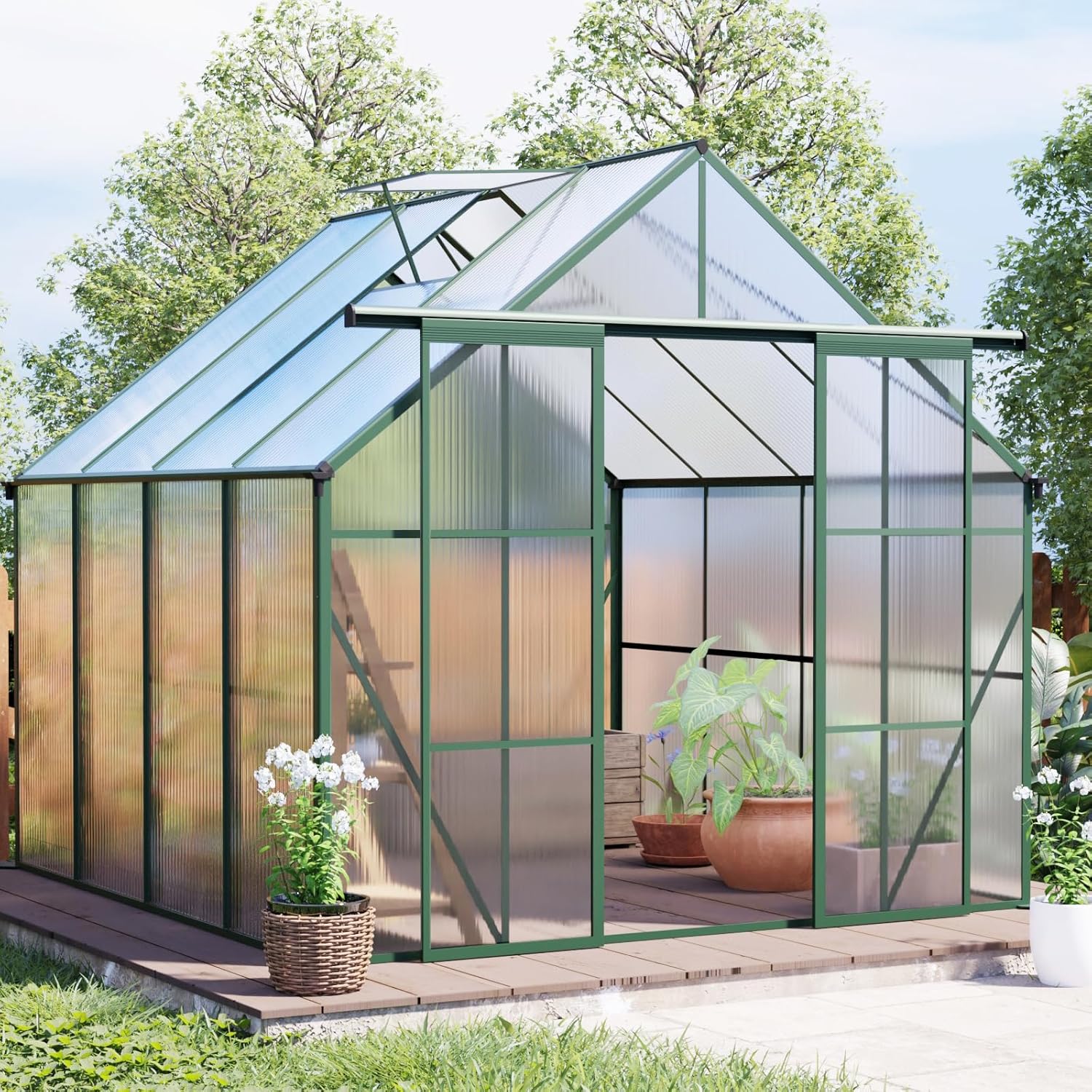 8*8ft Double Door Garden Greenhouse, Heavy Duty Walk-in Greenhouse with Skylight, Polycarbonate Raised Base, Suitable for Outdoor Patio, Garden, All Seasons