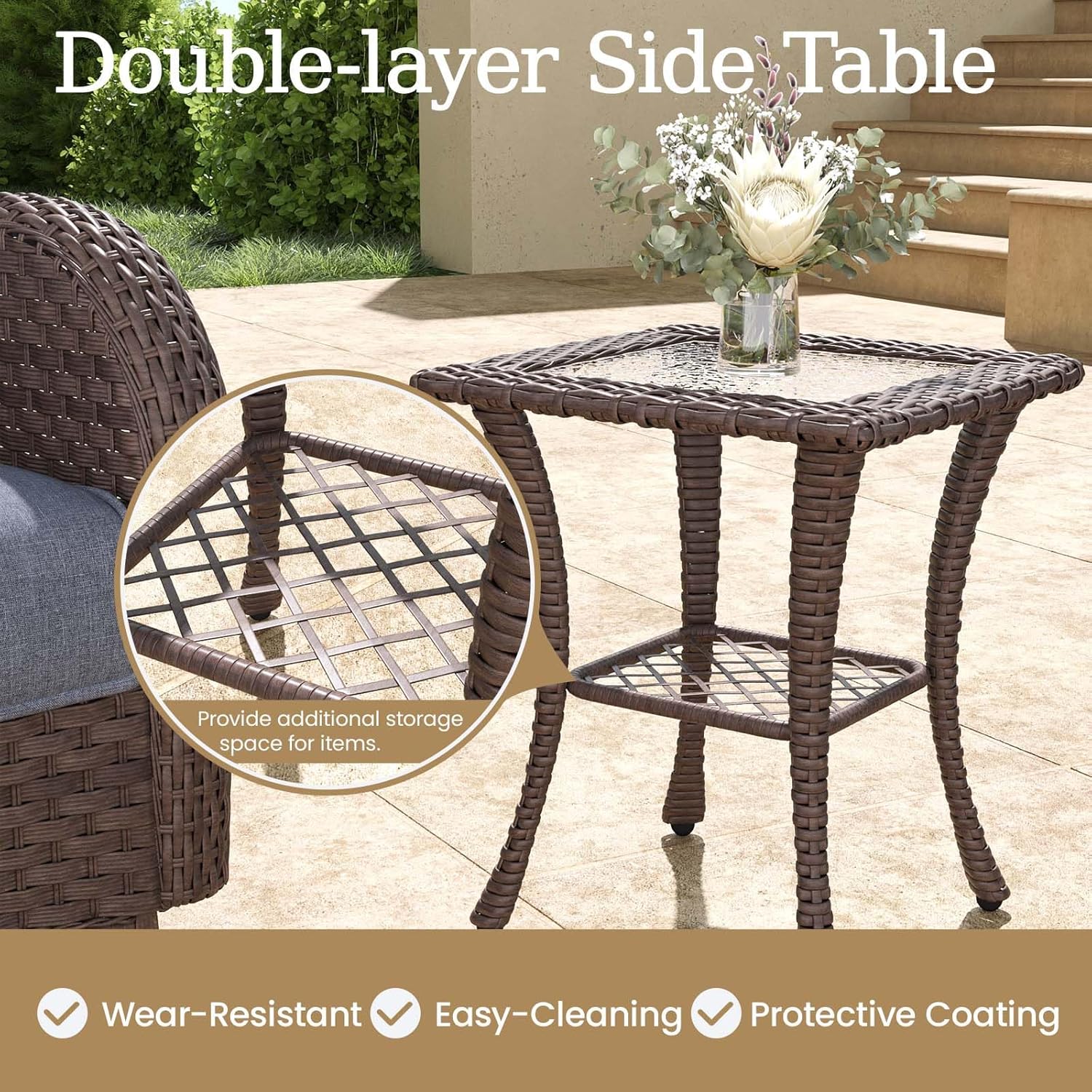 10 Pieces Wicker Patio Furniture Set with Fire Pit Table, Luxury Outdoor Conversation Set with High Back Swivel Rocker Chairs