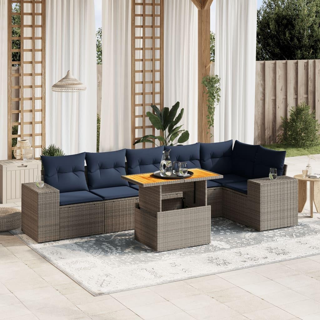 7 Piece Gray Poly Rattan Patio Sofa Set, Adjustable Dining Table, Navy Blue Cushions, Outdoor Furniture for Balcony, Garden
