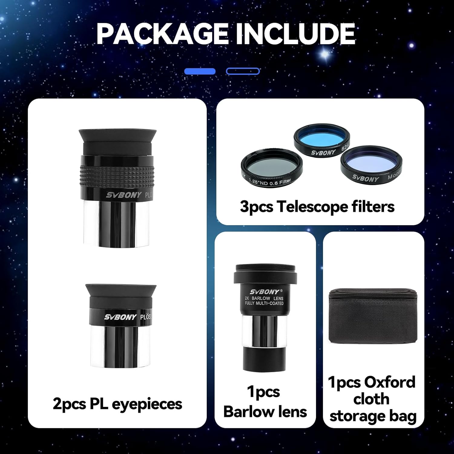 SVBONY SV233 7PCS Telescope Accessory Kit with Plossl Eyepiece, 2X Barlow Lens, Moon/ND4/82A Color Filter and Bag Bundle with SV230 Telescope Eyepiece, 1.25'' Zoom Eyepiece, for Astronomical Visual