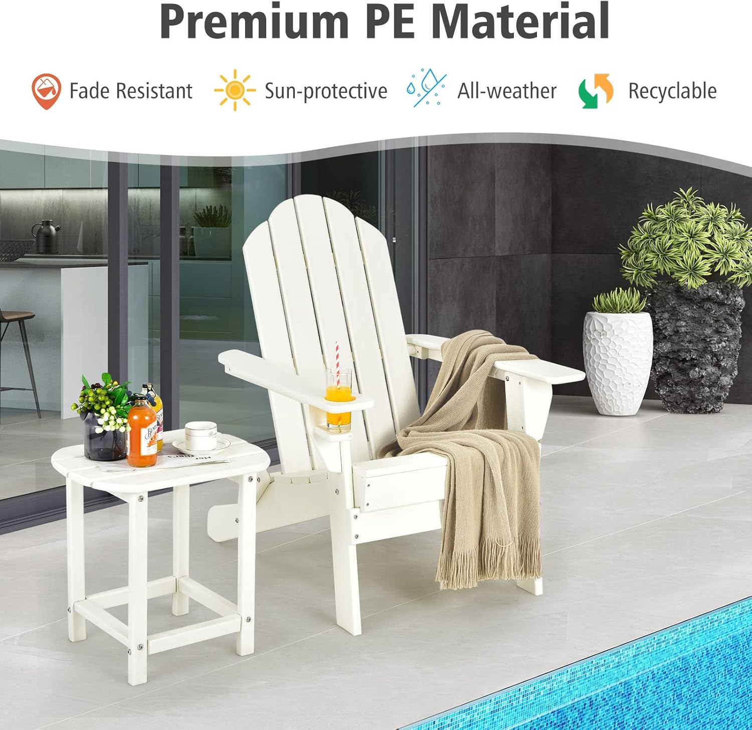 Giantex Folding Adirondack Chair Set, HDPE Weather Resistant Fire Pit Chair Set with 18-Inch Outdoor Side Table, Cup Holder, Lounge Set for Outside, Deck, Backyard, Porch, Poolside, White