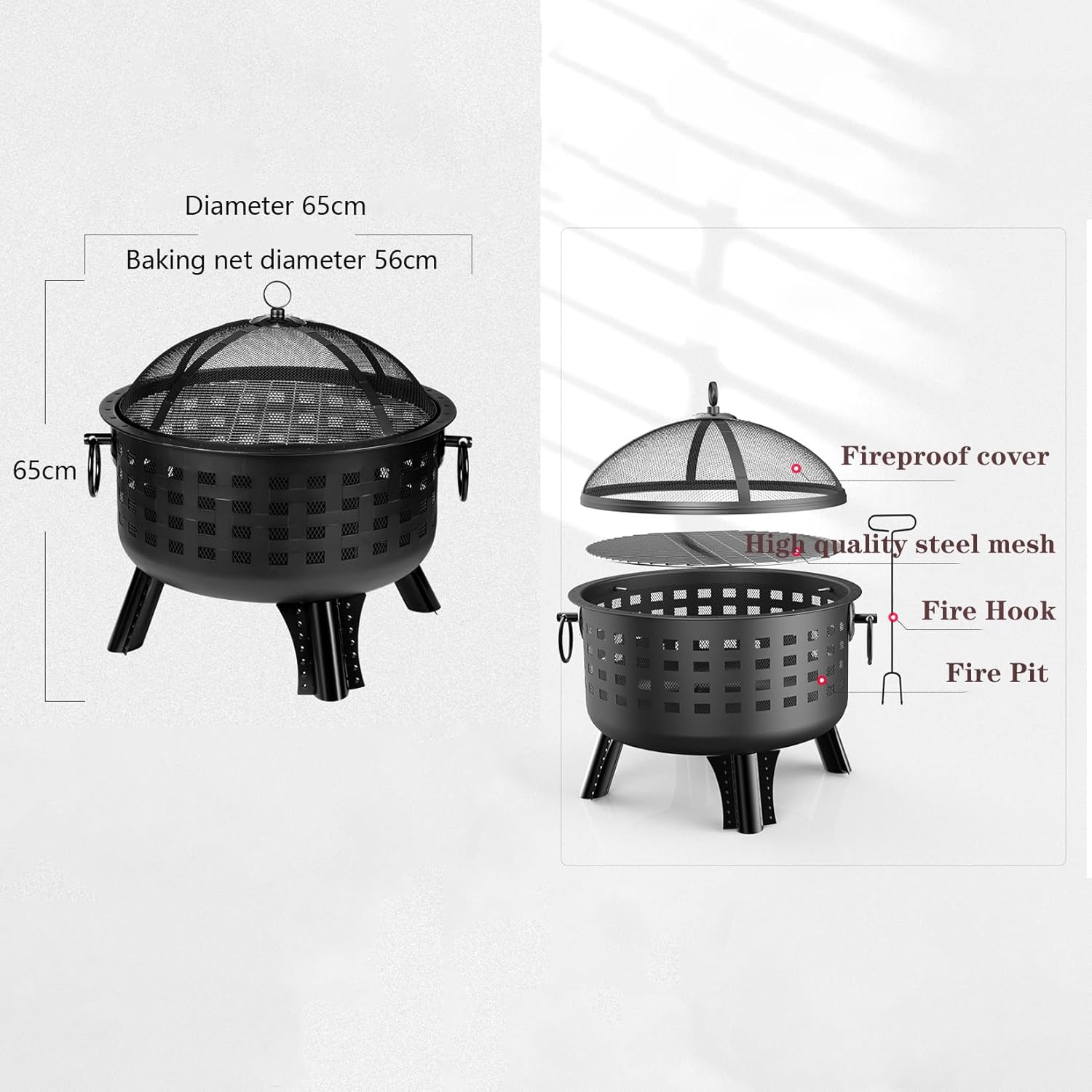 for Campfires/Heating/Barbecues/Patio's Fire Pit,with Fire Cover and Double Side Hanging Loops,Stable Structure - 65×29cm - Black