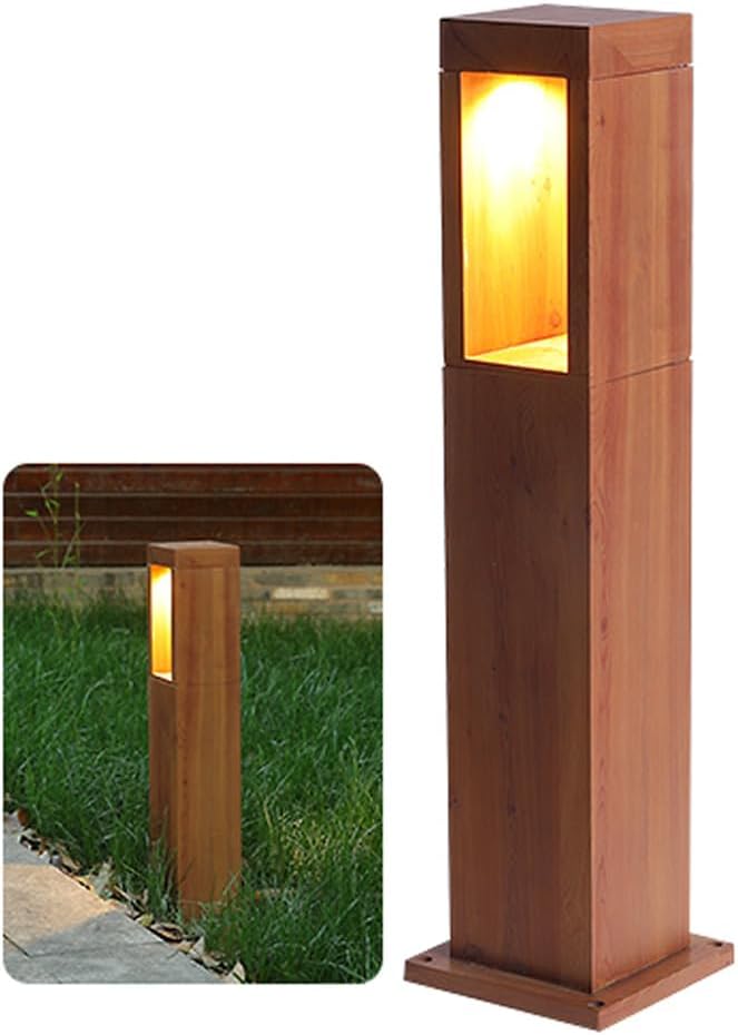 LED Bollard Landscape Light Outdoor IP54 Waterproof Path Light Wood Color Aluminum Rustproof Landscape Path Light Square Bollard Lighting Fixture for Porch Yard Patio Garden Lawn