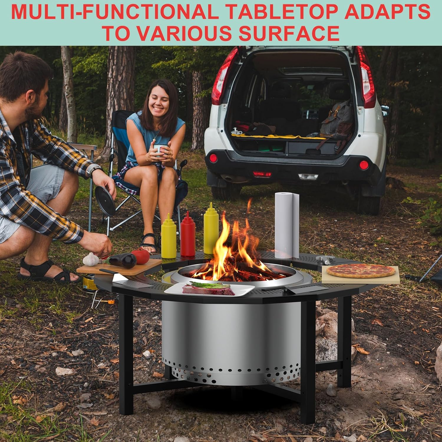 38 Inch Fire Pit Surround Tabletop for Solo Stove Bonfire/Ranger/Tiki Accessories,Smokeless Fire Pit Table & Dust Cover for Solo Stove and Other Wood Burning, Powder-Coated Steel Stove Table Surround