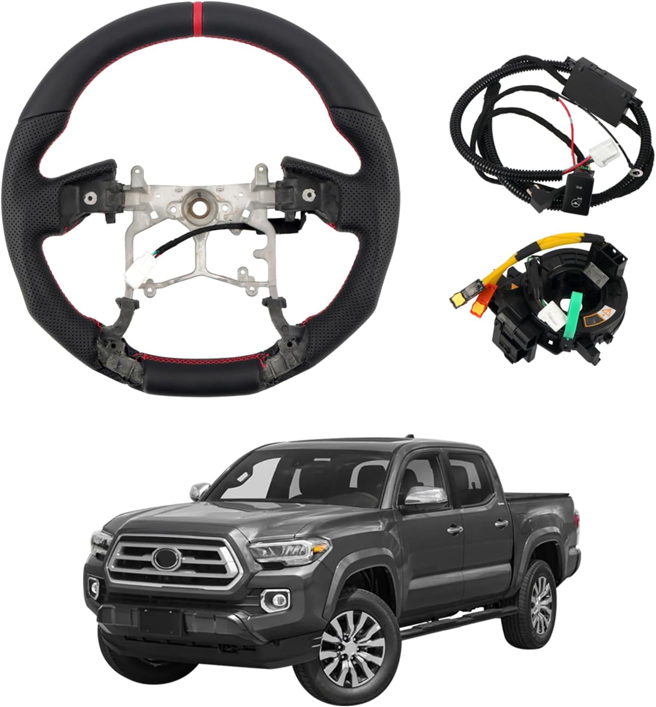 HIGH FLYING for Toyota Tacoma 2016-2023 Car Interior Accessories Heated Steering Wheel Replacement Part Perforated Leather Kit (Red Alignment Strip)