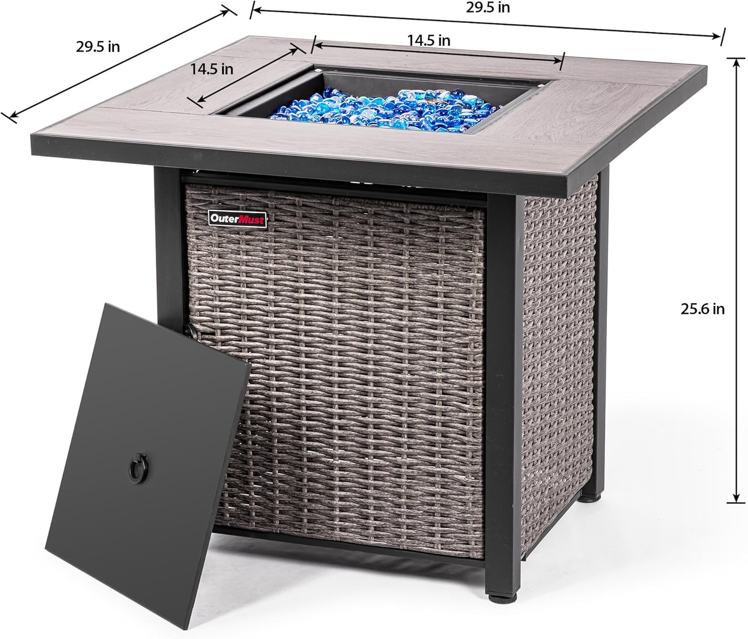 30 Inch Propane Fire Pit Table with Cover, 50,000 BTU Electronic-Ignition Rattan Patio Gas Fire Pit with Lid & Glass Bead, Outdoor Fireplace for Dining or Party, Gray